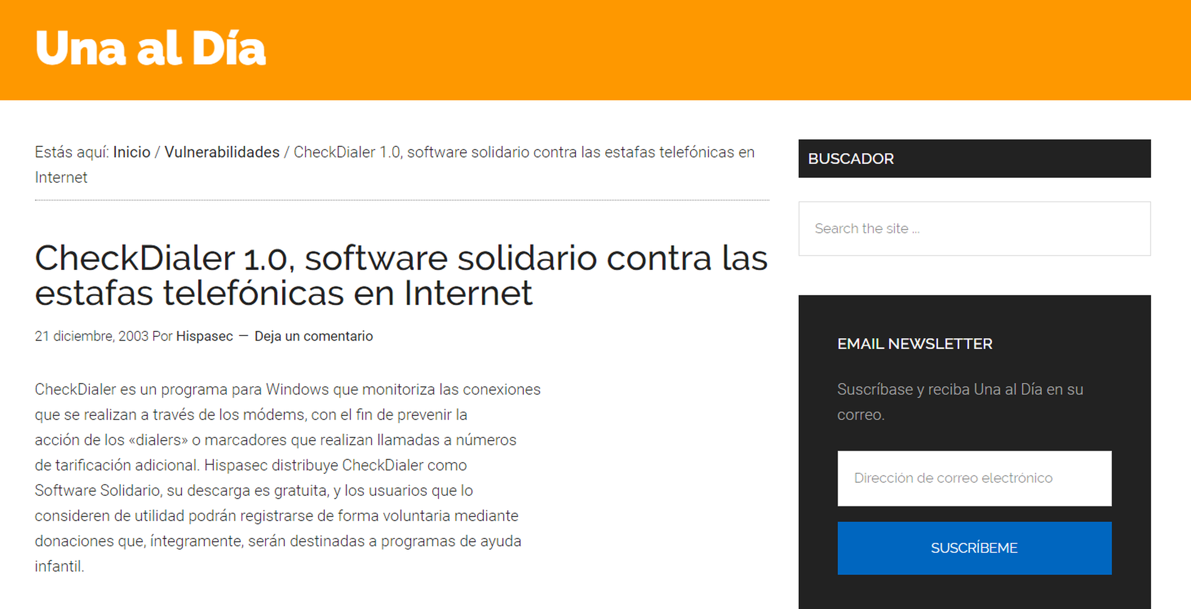 Publicación de 2003 de Una al día en la que se explicaba el software solidario de Quintero.