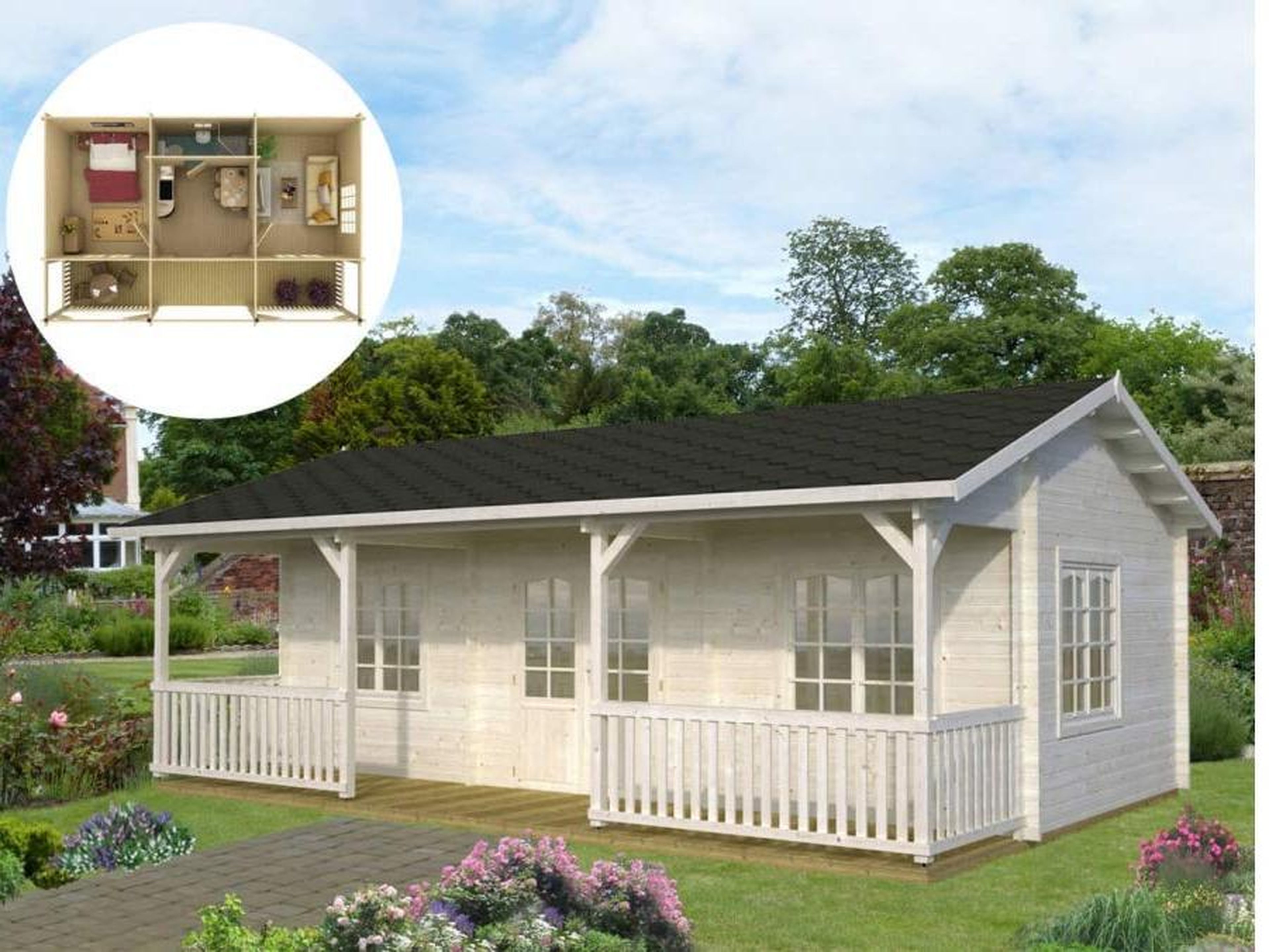 Algunas de las casas en Amazon vienen con amplios porches delanteros, como el modelo Jackson de WNC Tiny Home.