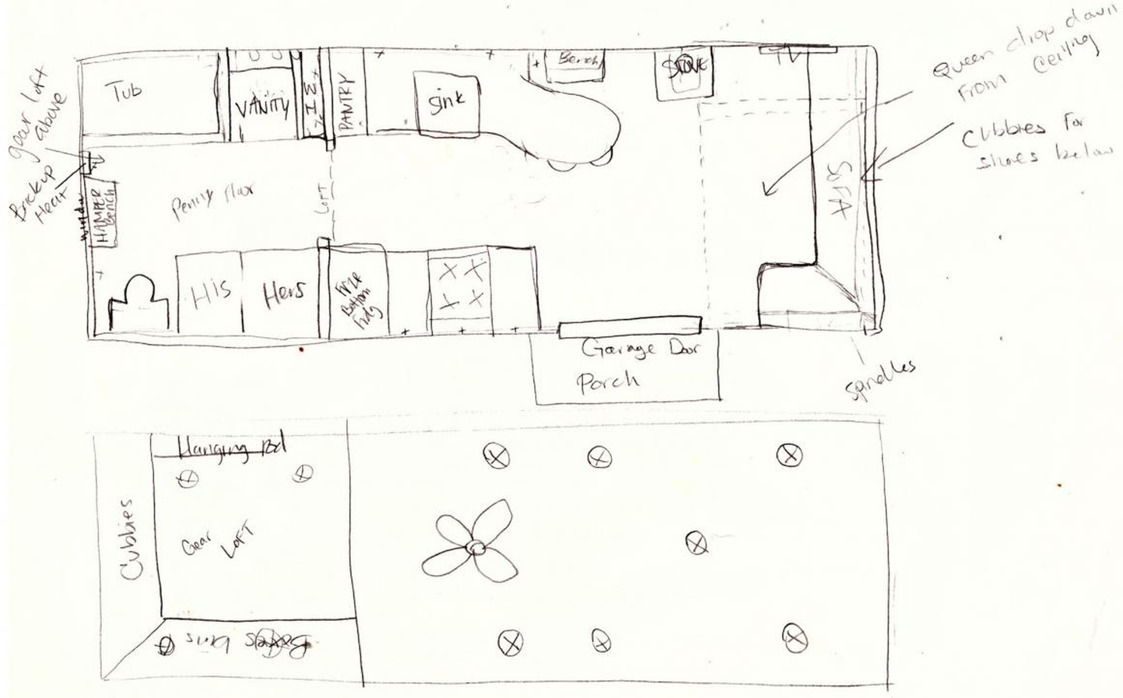 Sometimes customers provide Parham with hand-drawn sketches, links to tiny house builds they like with written descriptions of changes they want made, or detailed 2D- or 3D-computer generated plans.