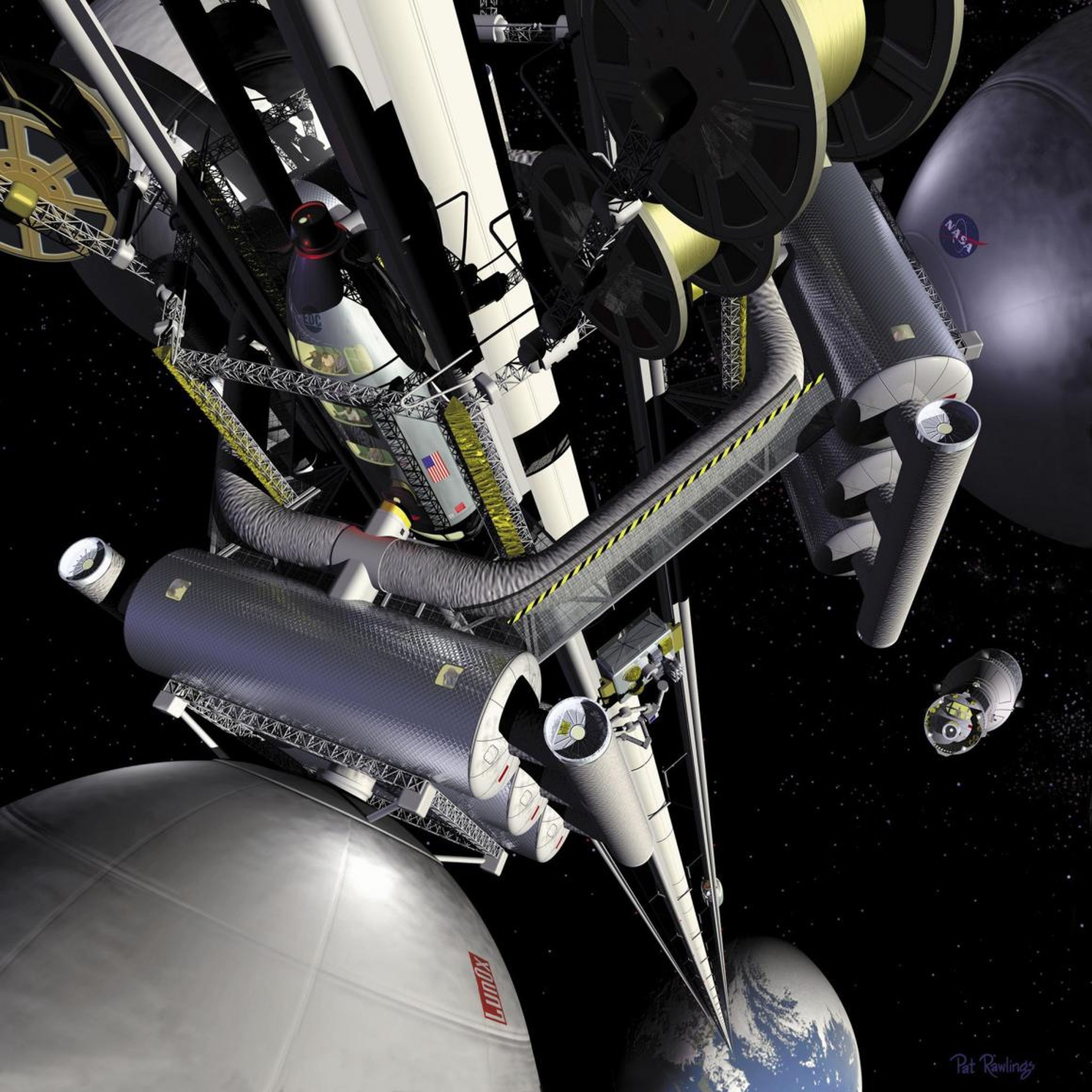 Una ilustración del artista Pat Rawling muestra el concepto de un ascensor espacial visto desde una estación de transferencia geoestacionaria, mirando hacia la Tierra.