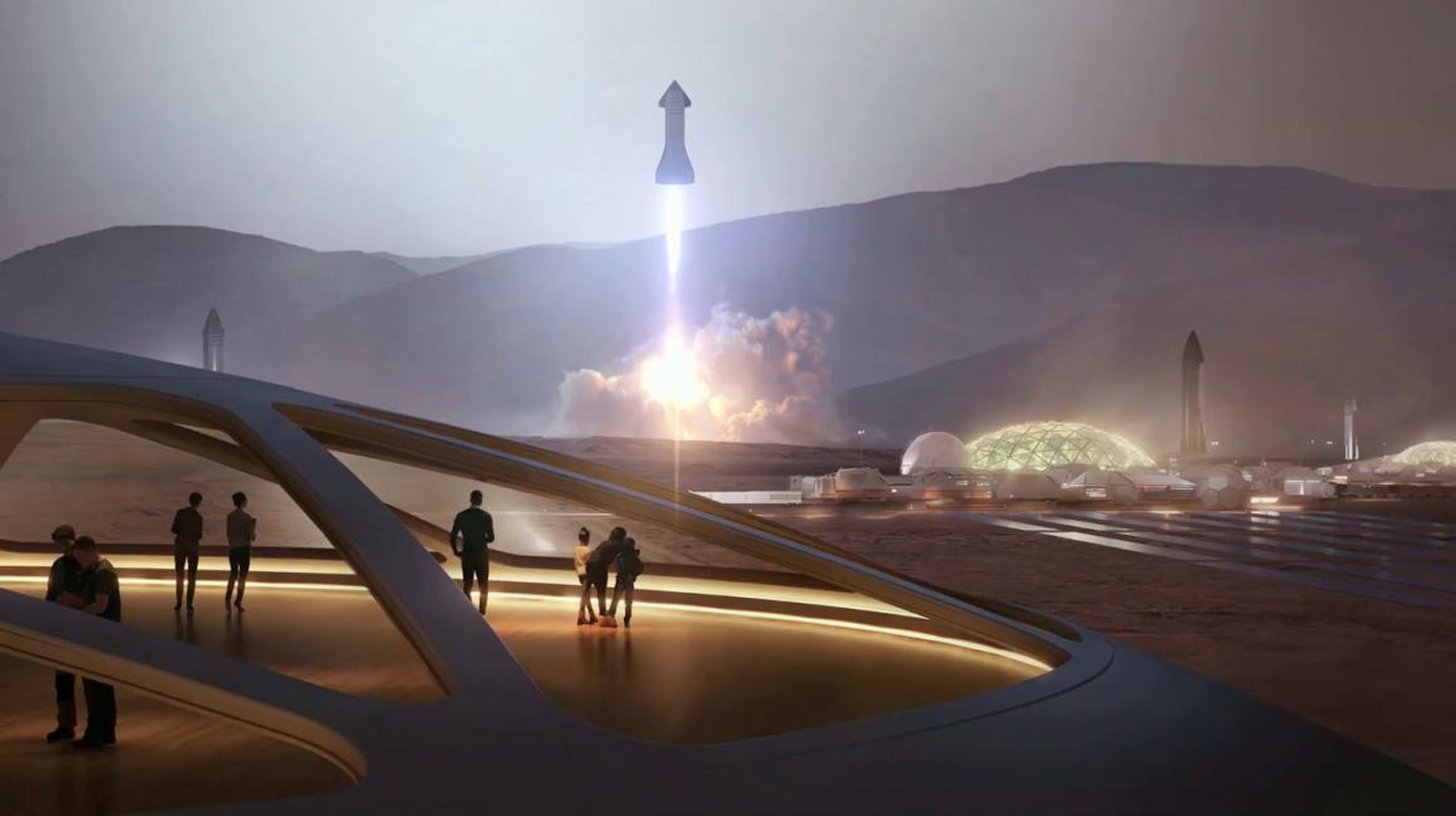 Una ilustración del sistema de cohetes de la nave espacial SpaceX que despega de una ciudad de Marte y regresa a la Tierra.