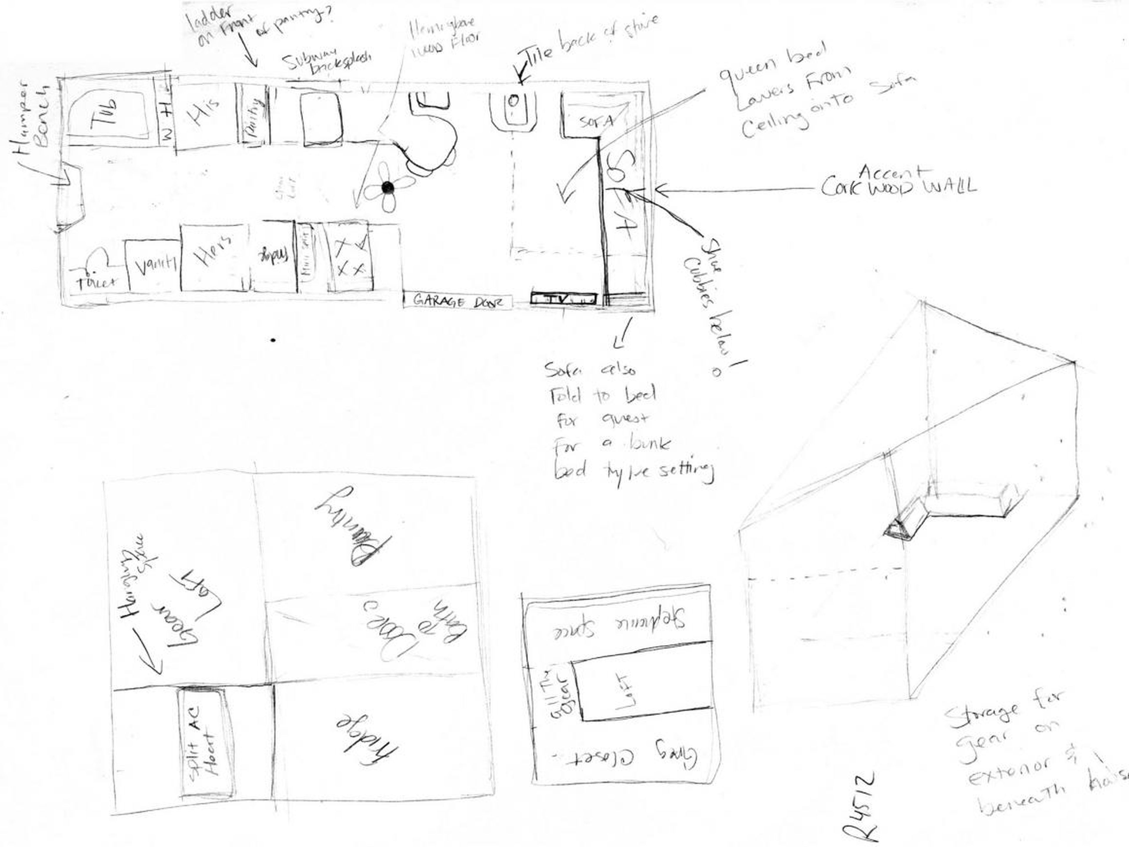 The beginning sketches for Parham's tiny house.