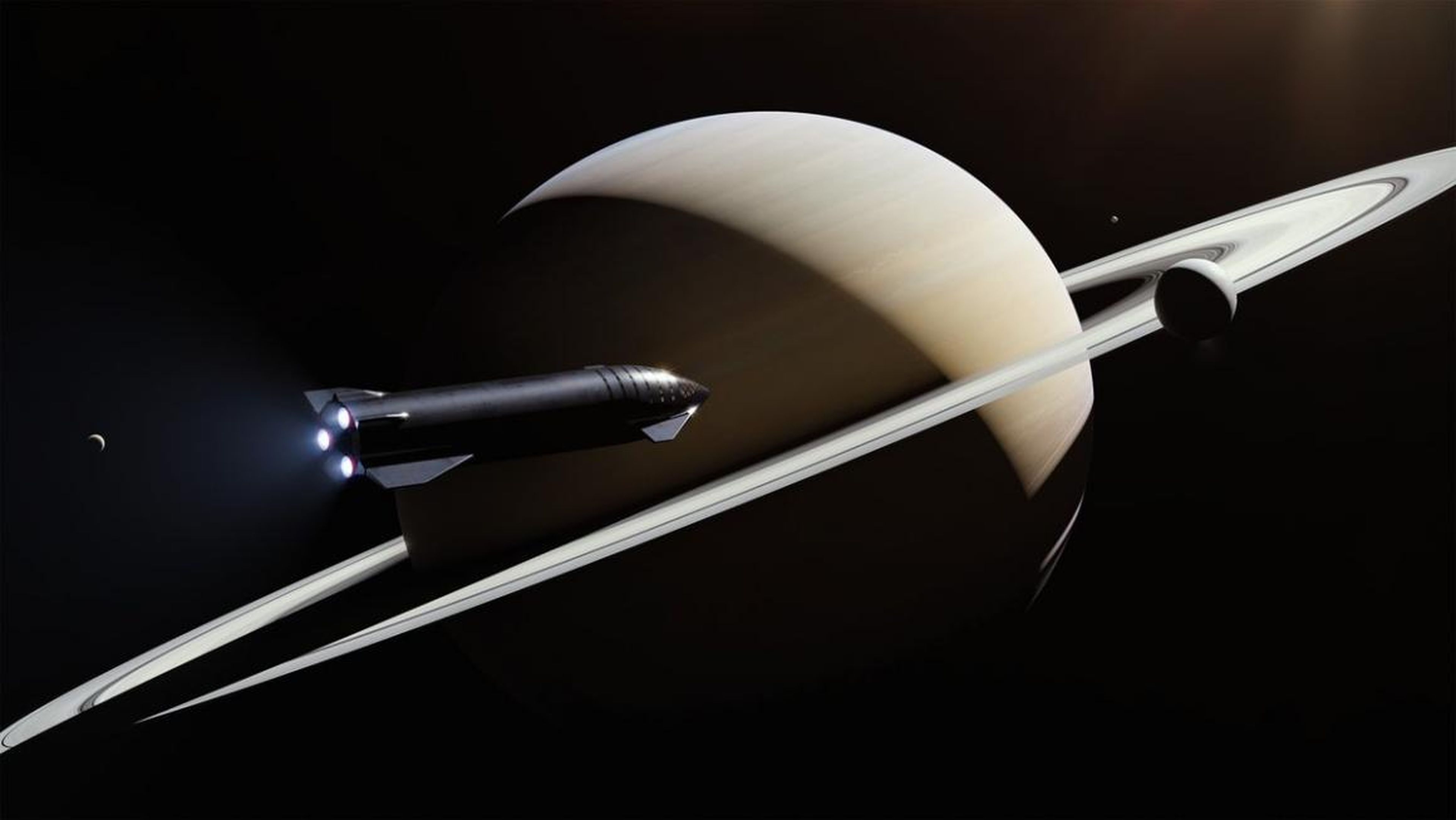 Una ilustración del cohete planeado de la nave espacial SpaceX volando a través de Saturno en un viaje por el espacio profundo.
