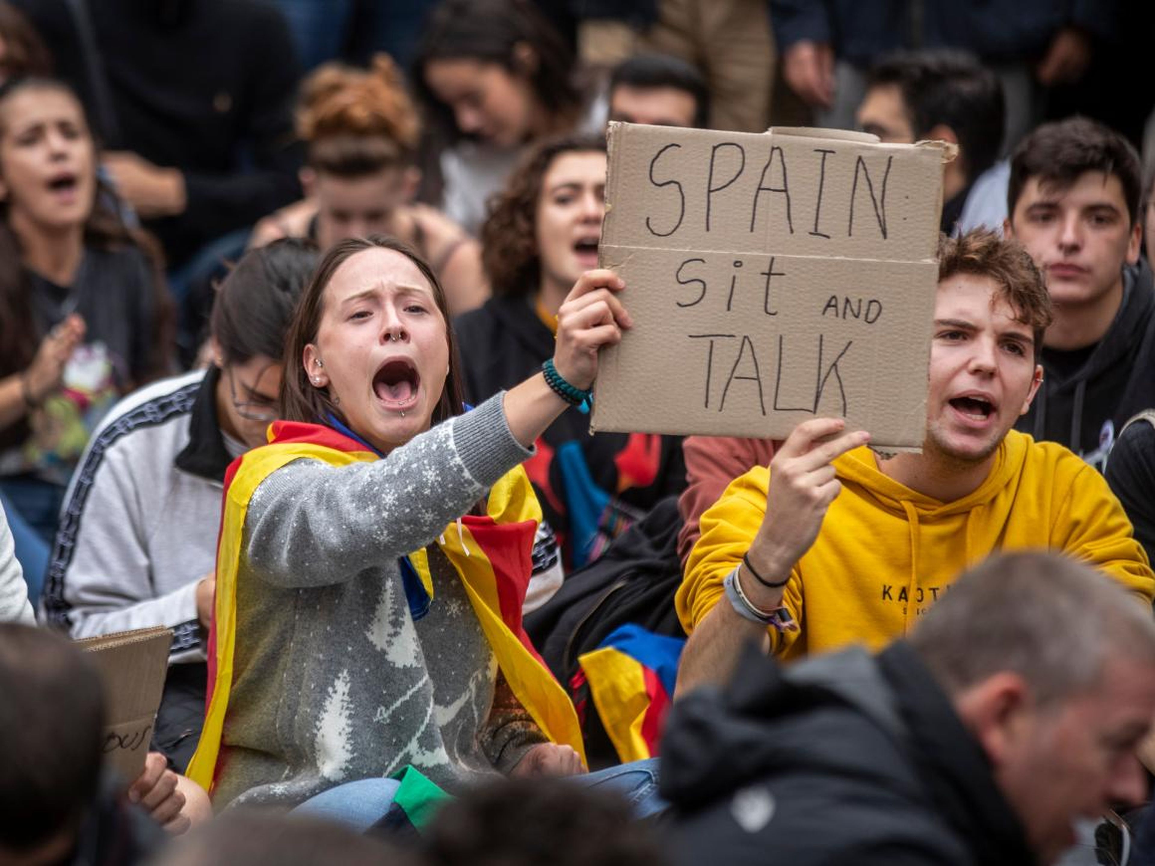 Catalan pro-independence protesters in downtown Barcelona, Spain, in October 2019.