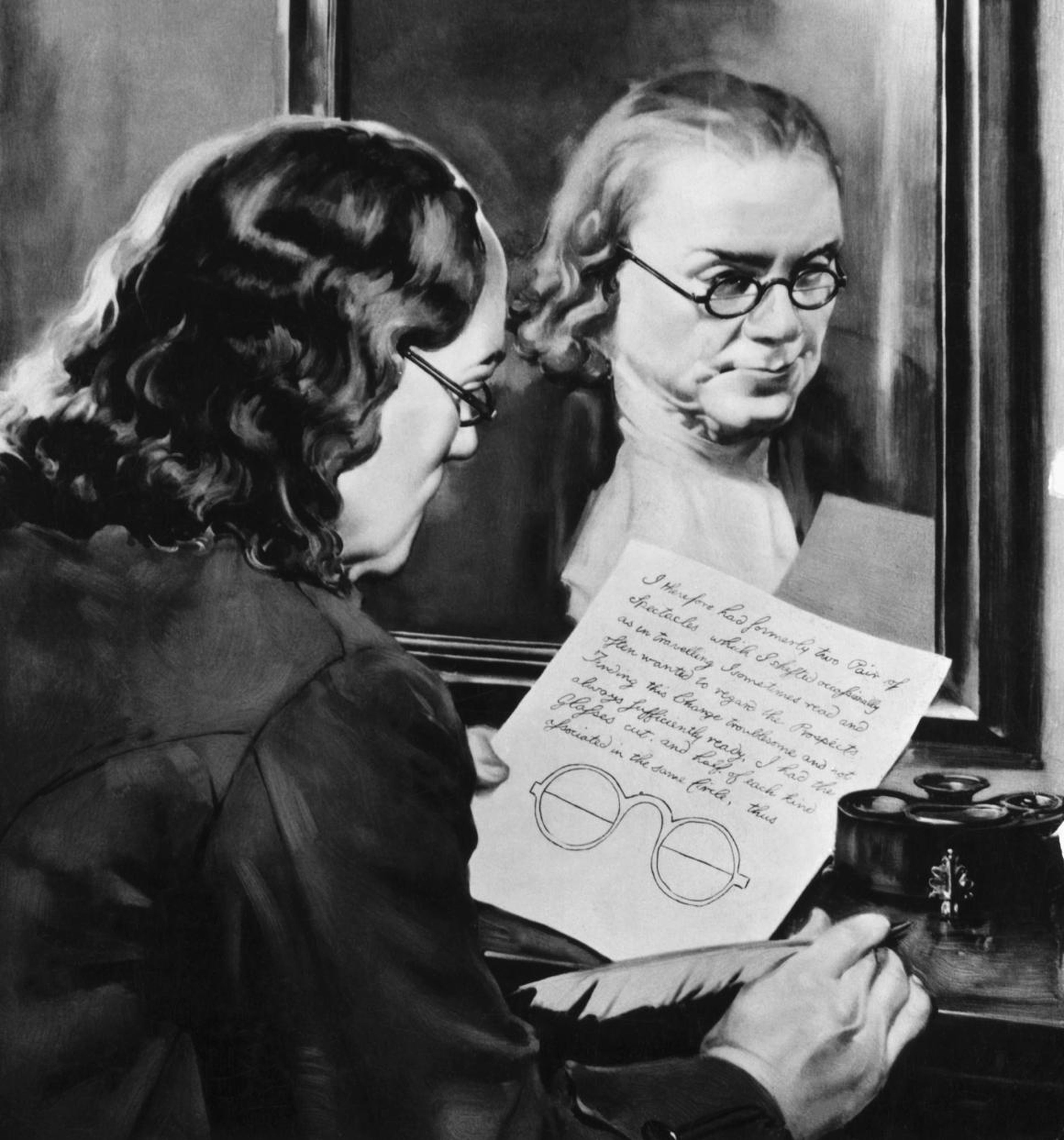 Una pintura muestra a Benjamin Franklin mirando su diseño para las gafas.