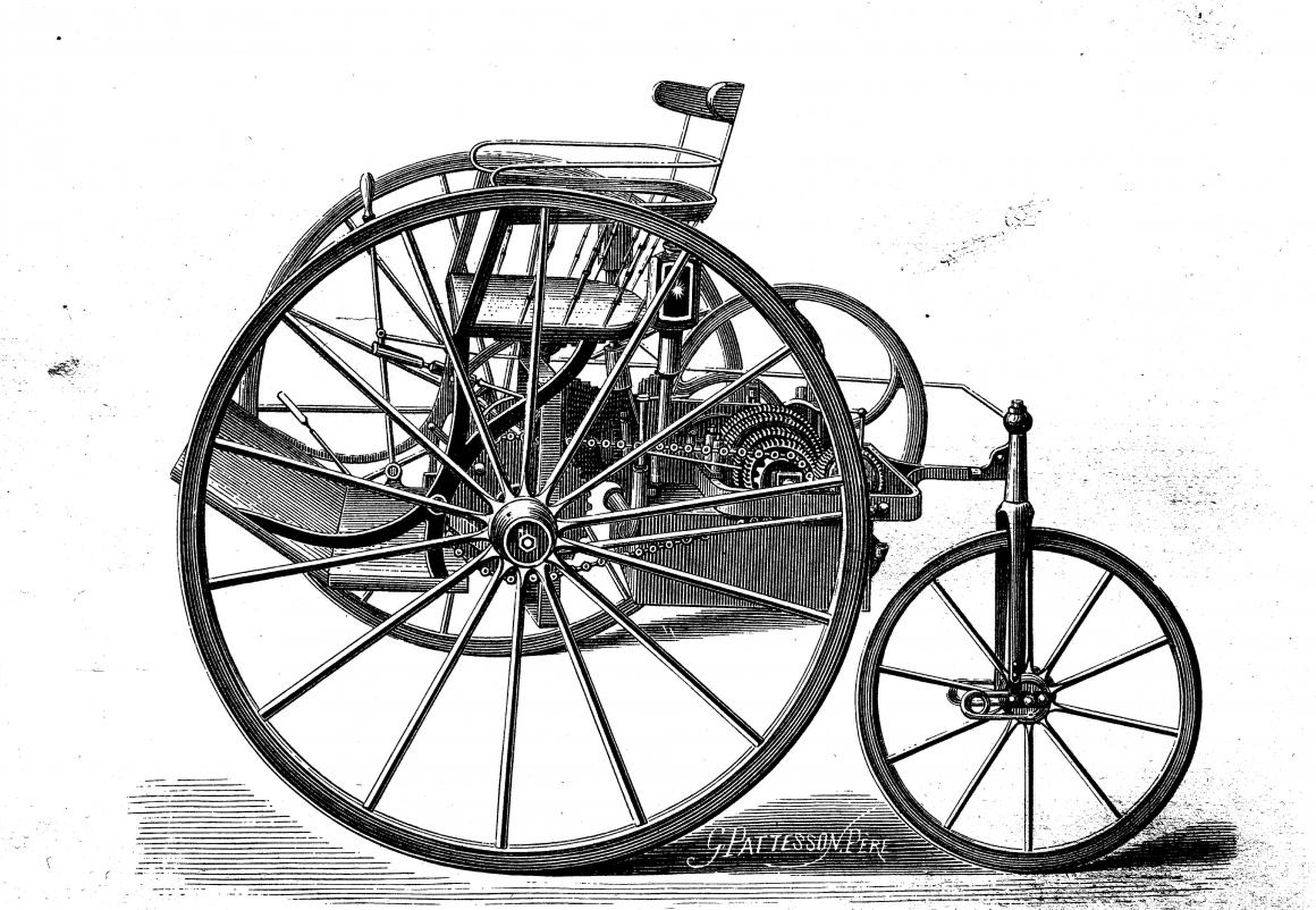 El primer coche eléctrico, el triciclo de tiro, de William Ayrton y John Perry, hacia 1880.