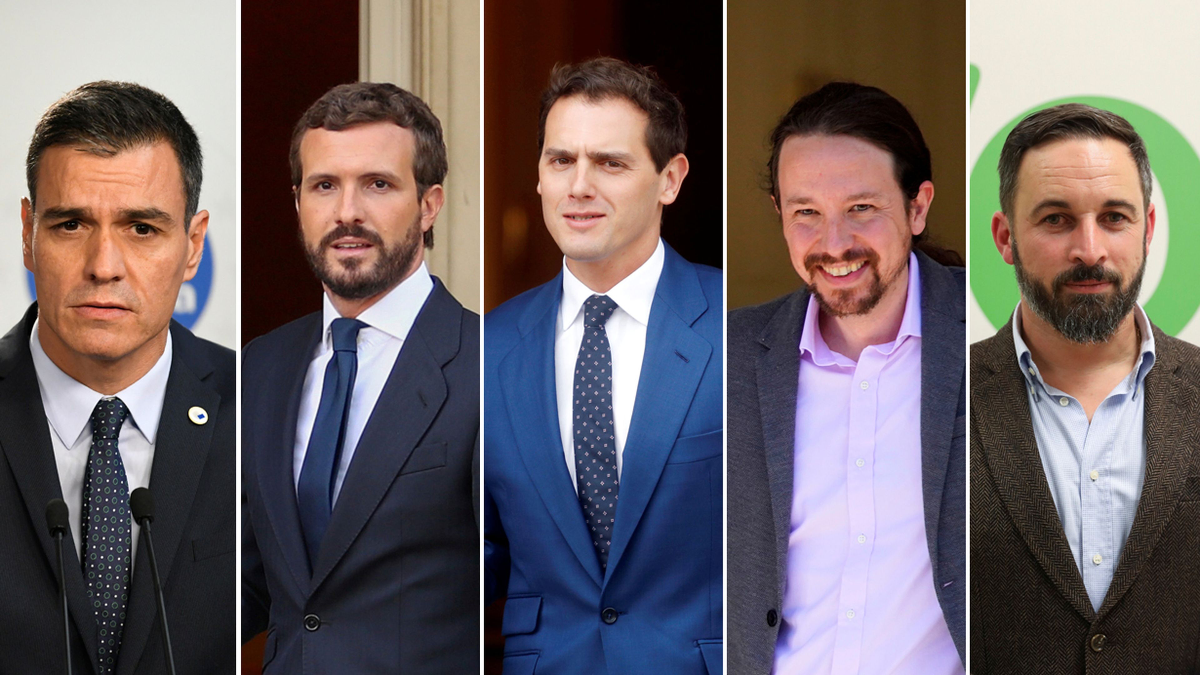 Pedro Sánchez (PSOE), Pablo Casado (PP), Albert Rivera (Ciudadanos), Pablo Iglesias (Unidas Podemos) y Santiago Abascal (Vox).