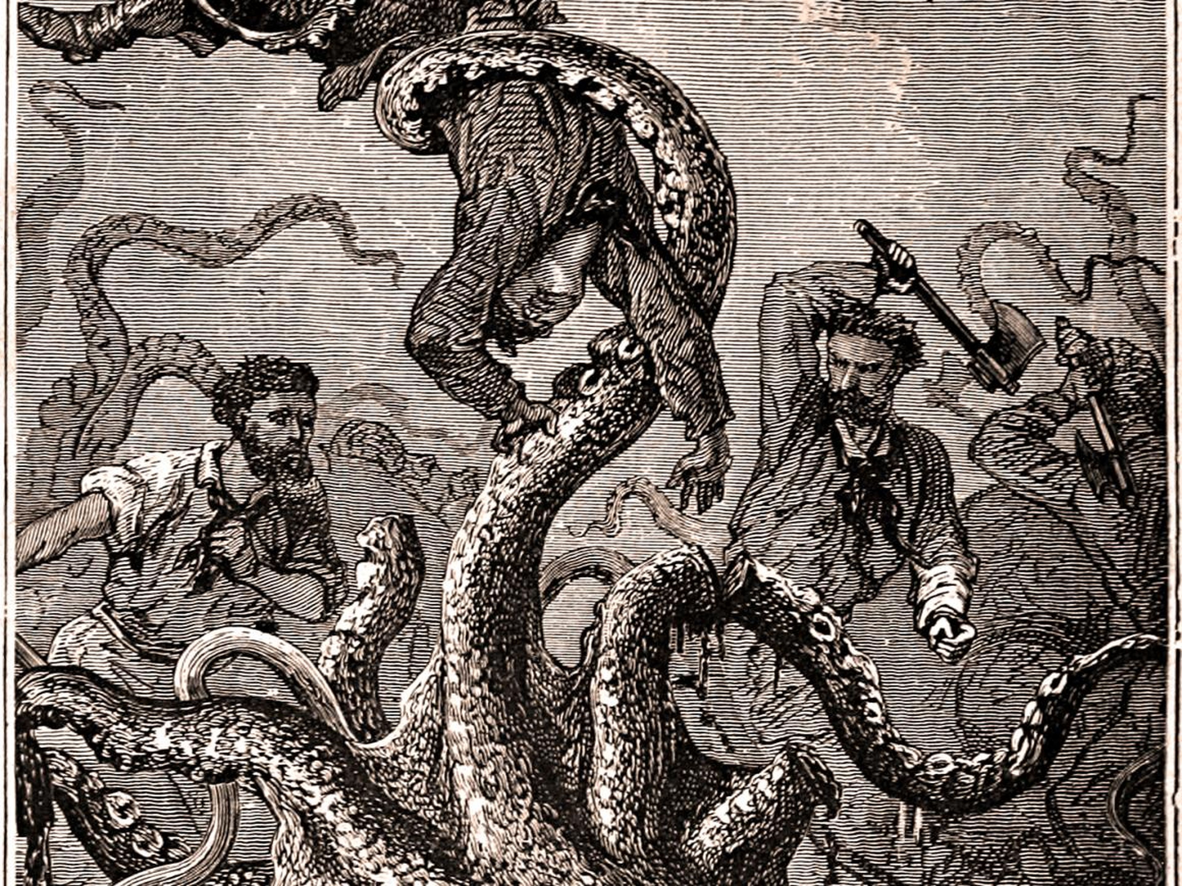 Una ilustración de la edición original de 'Veinte mil leguas de viaje submarino' que representa a un calamar gigante