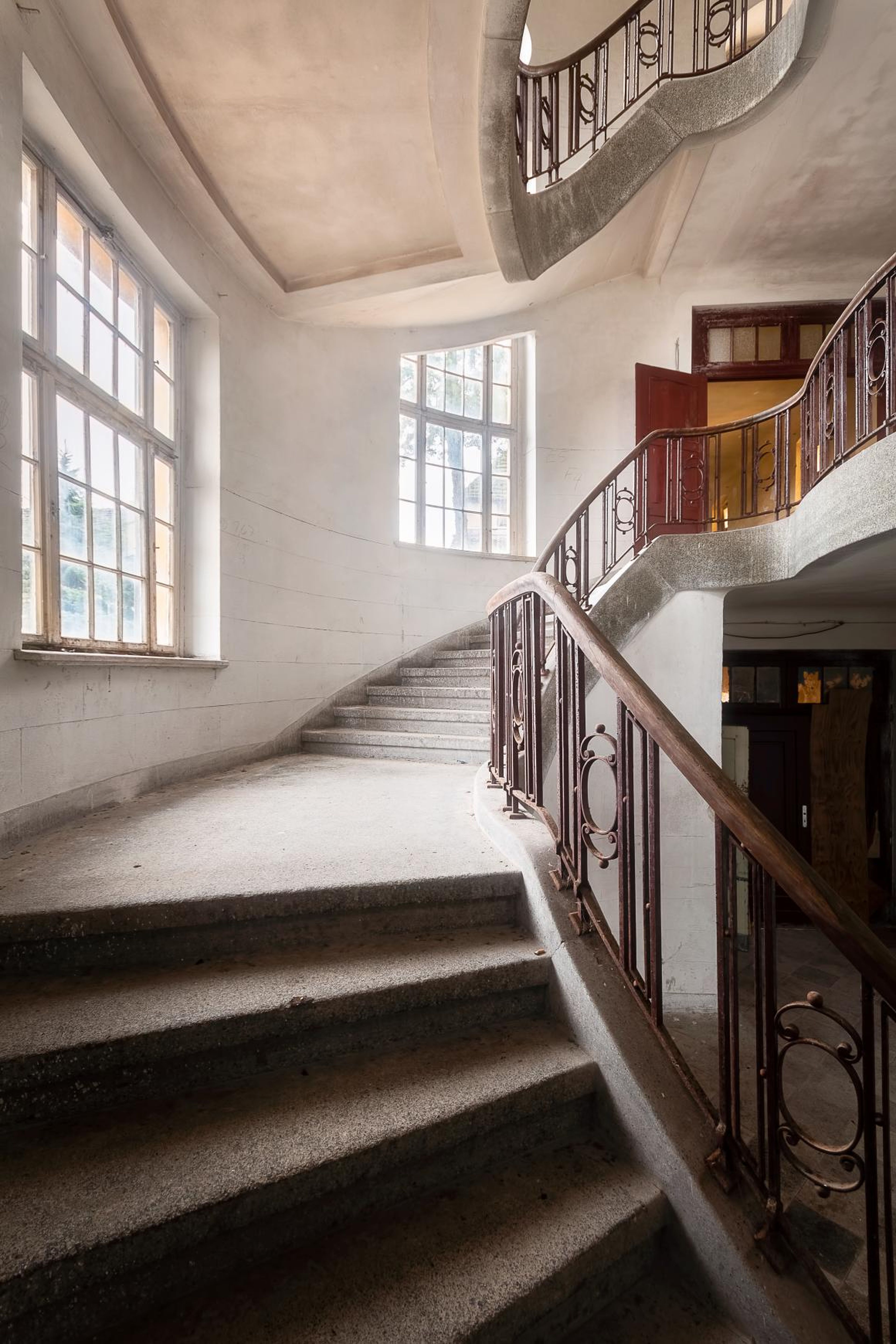 This grand staircase leads to the upper floor of the main building of the base.