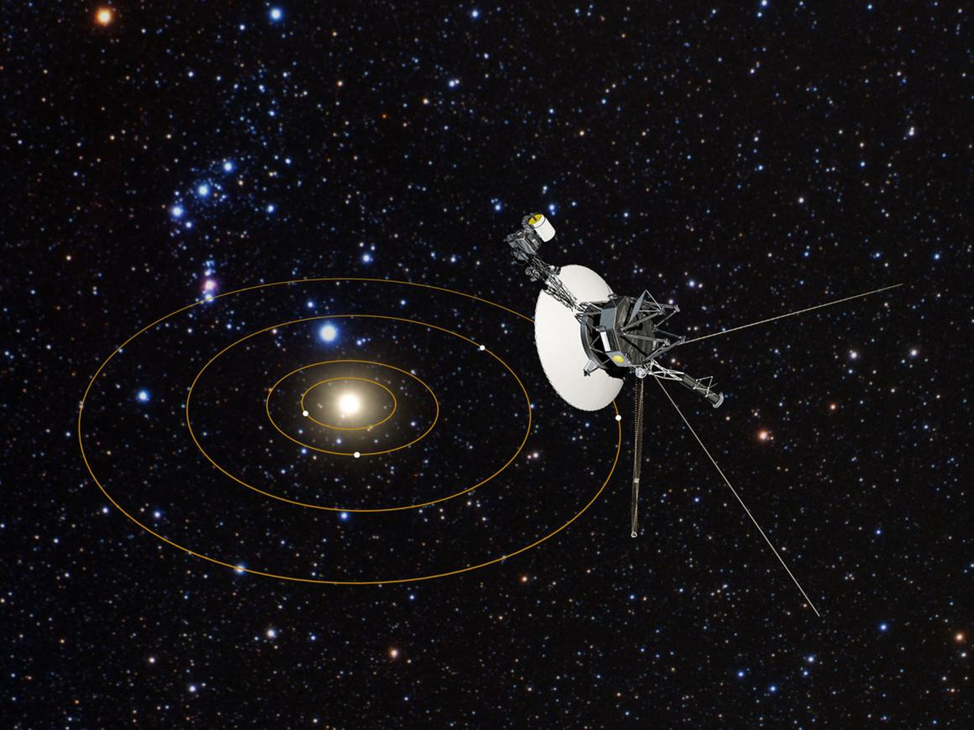 Ilustración de una sonda Voyager saliendo del Sistema Solar.