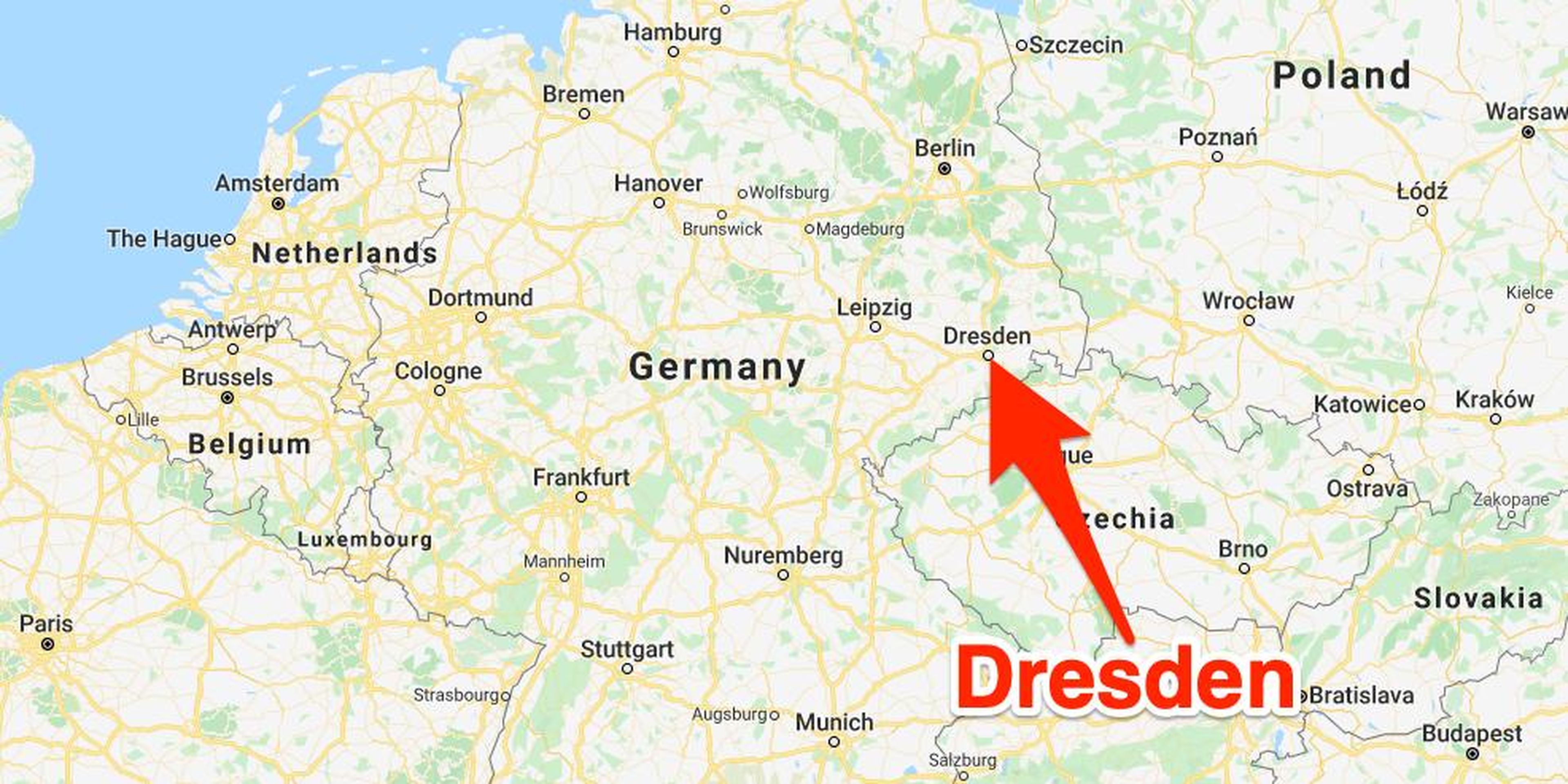 Un mapa con la ubicación de Dresde en Alemania.