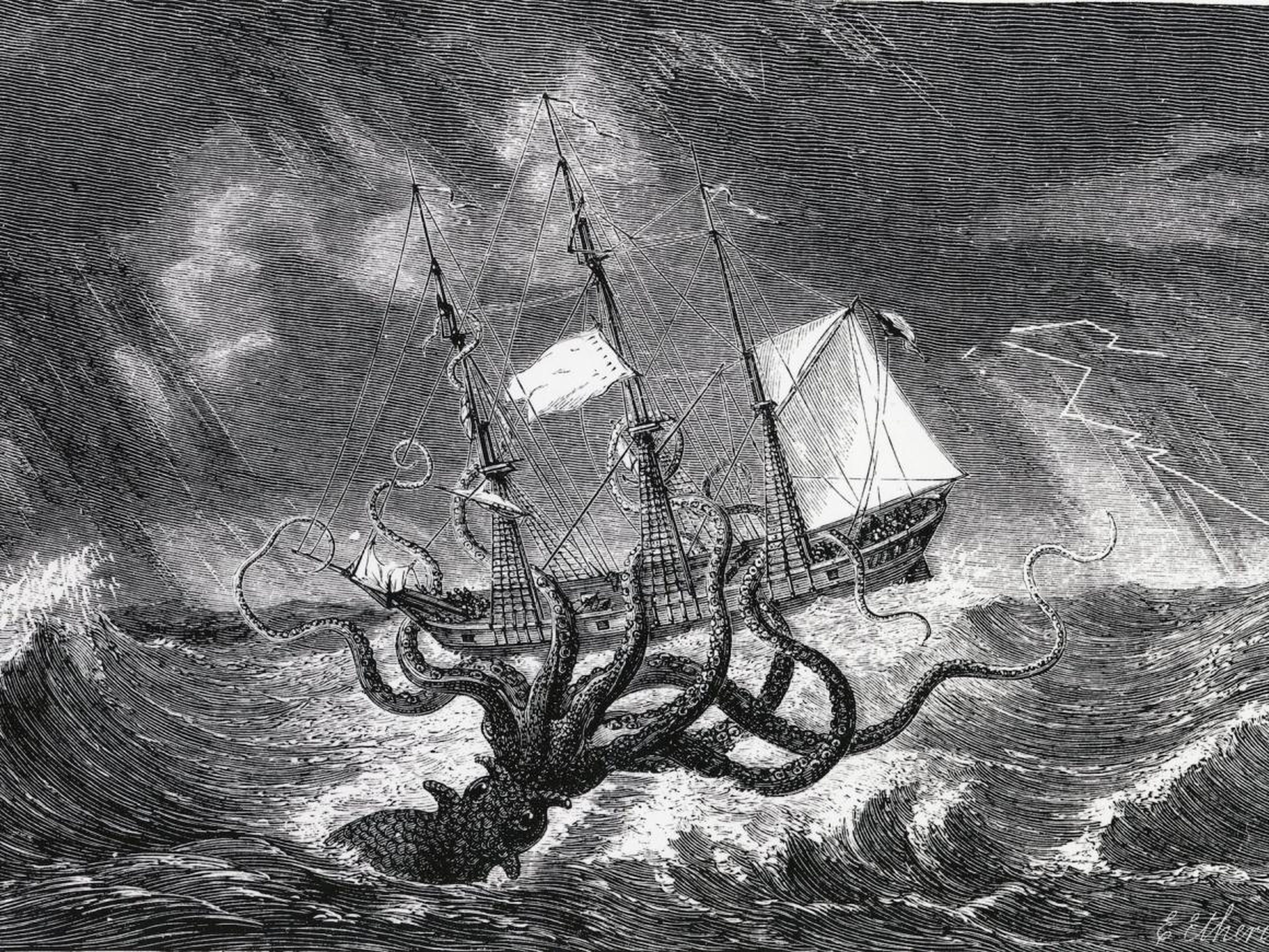 El legendario Kraken, monstruo de las profundidades, representado como un calamar gigante. Grabado 1870.