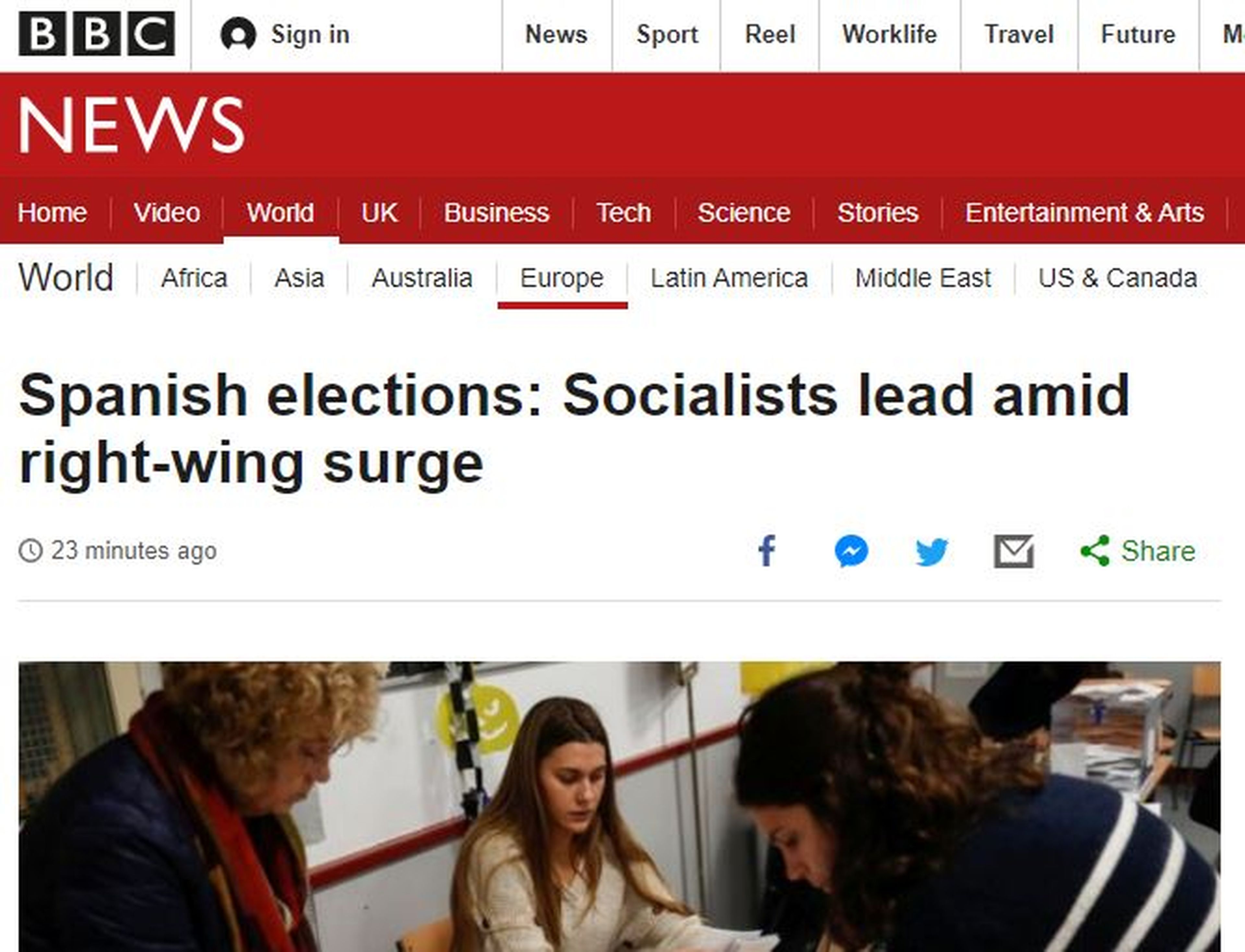 La portada de BBC sobre los resultados de las elecciones generales en España.