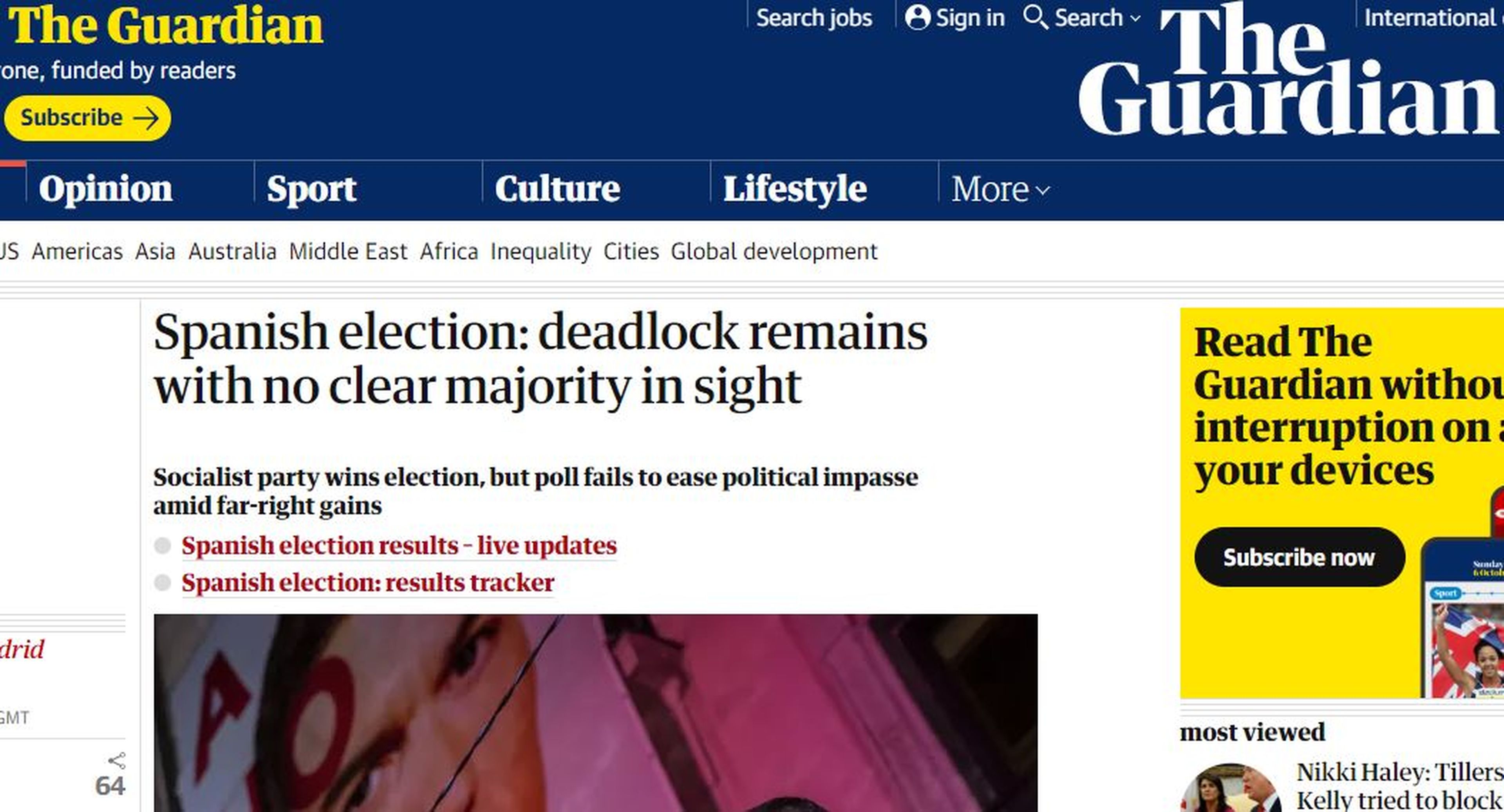 Portada de The Guardian sobre las elecciones en España.