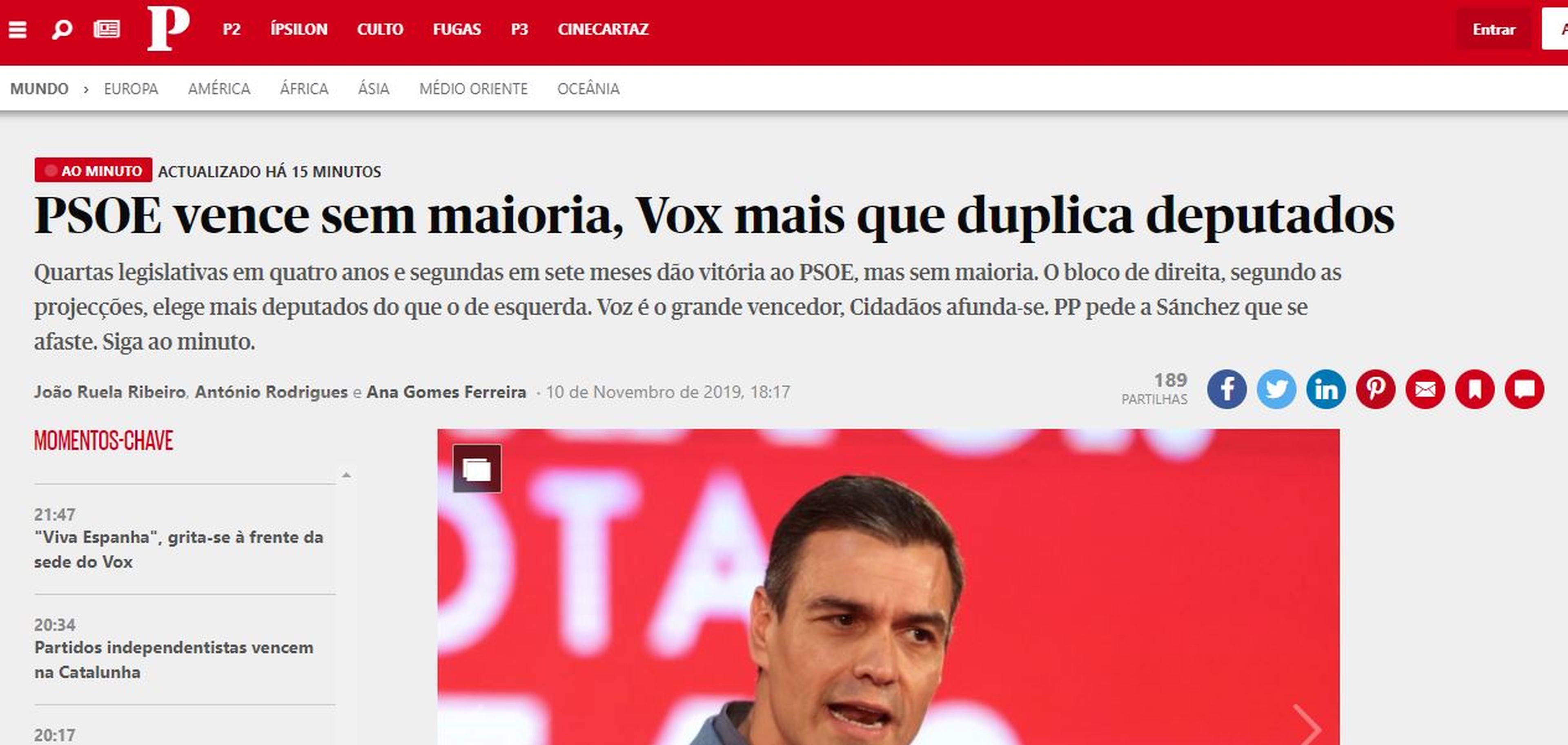 Portada de Público, en Portugal, sobre las elecciones en España.