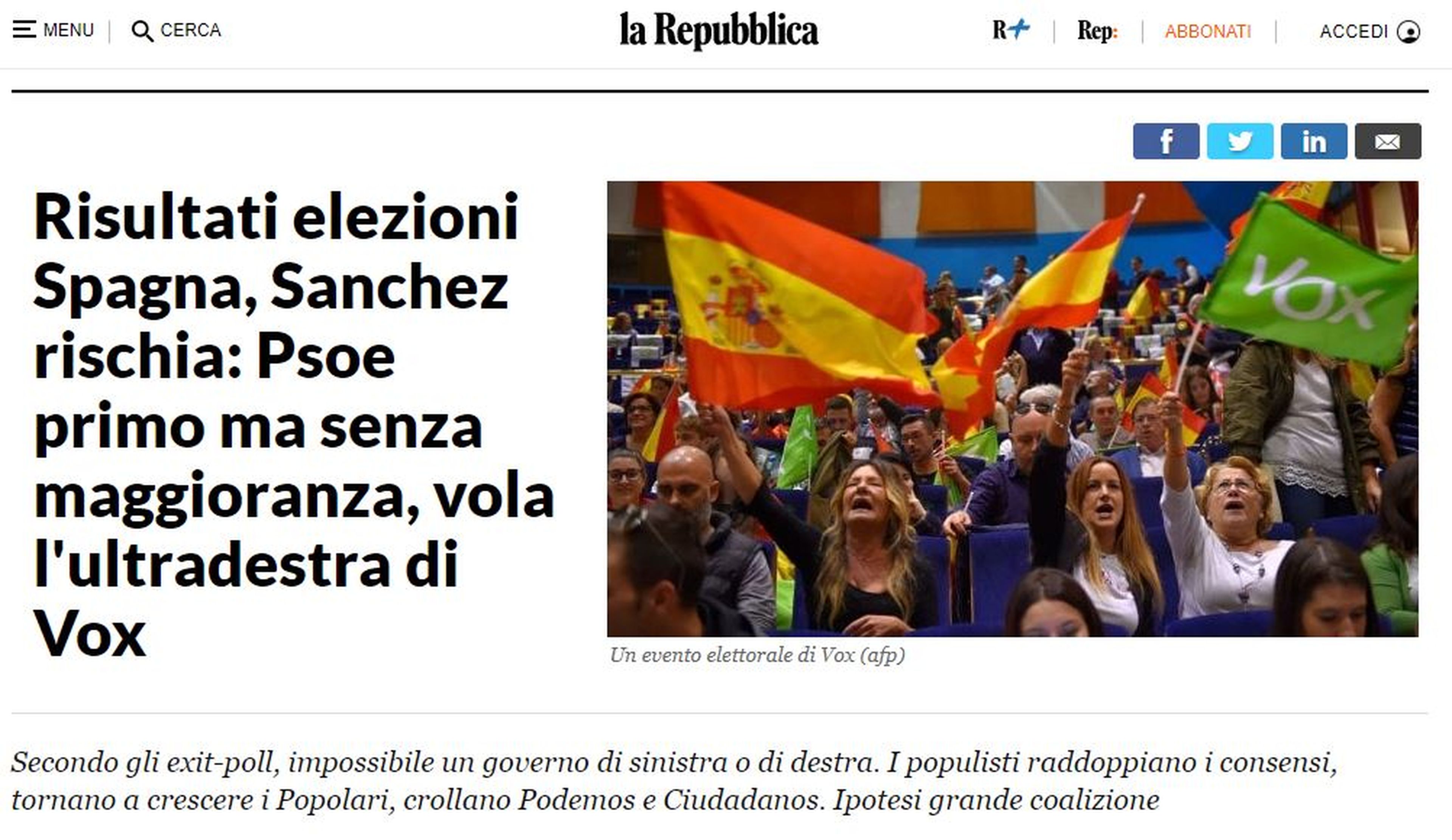 Portada 'la Repubblica' italiana sobre las elecciones en España.