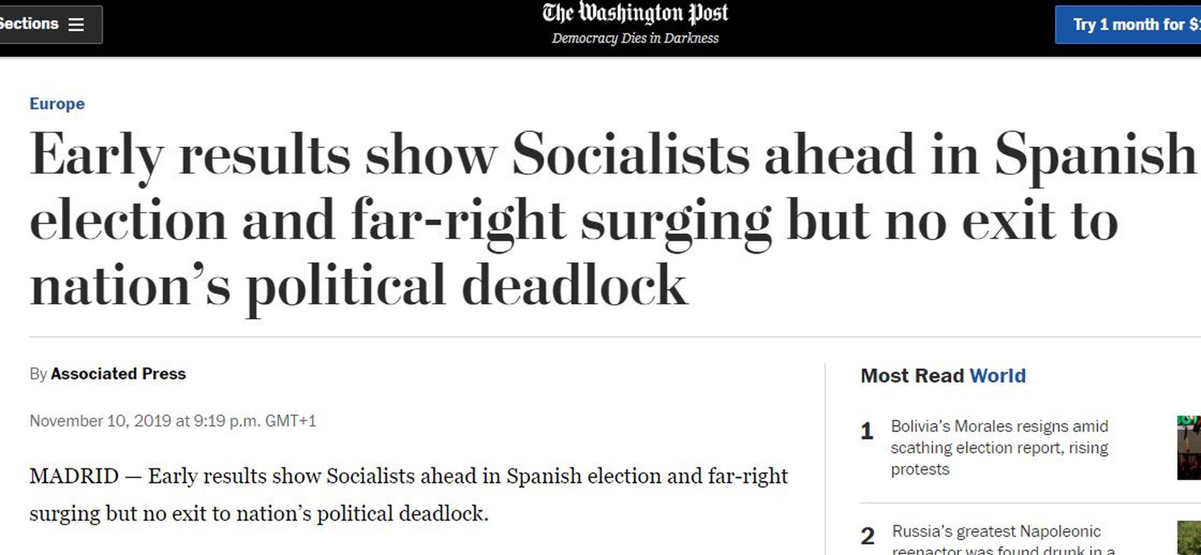 Portada de The Washington Post sobre los resultados de las elecciones en España.