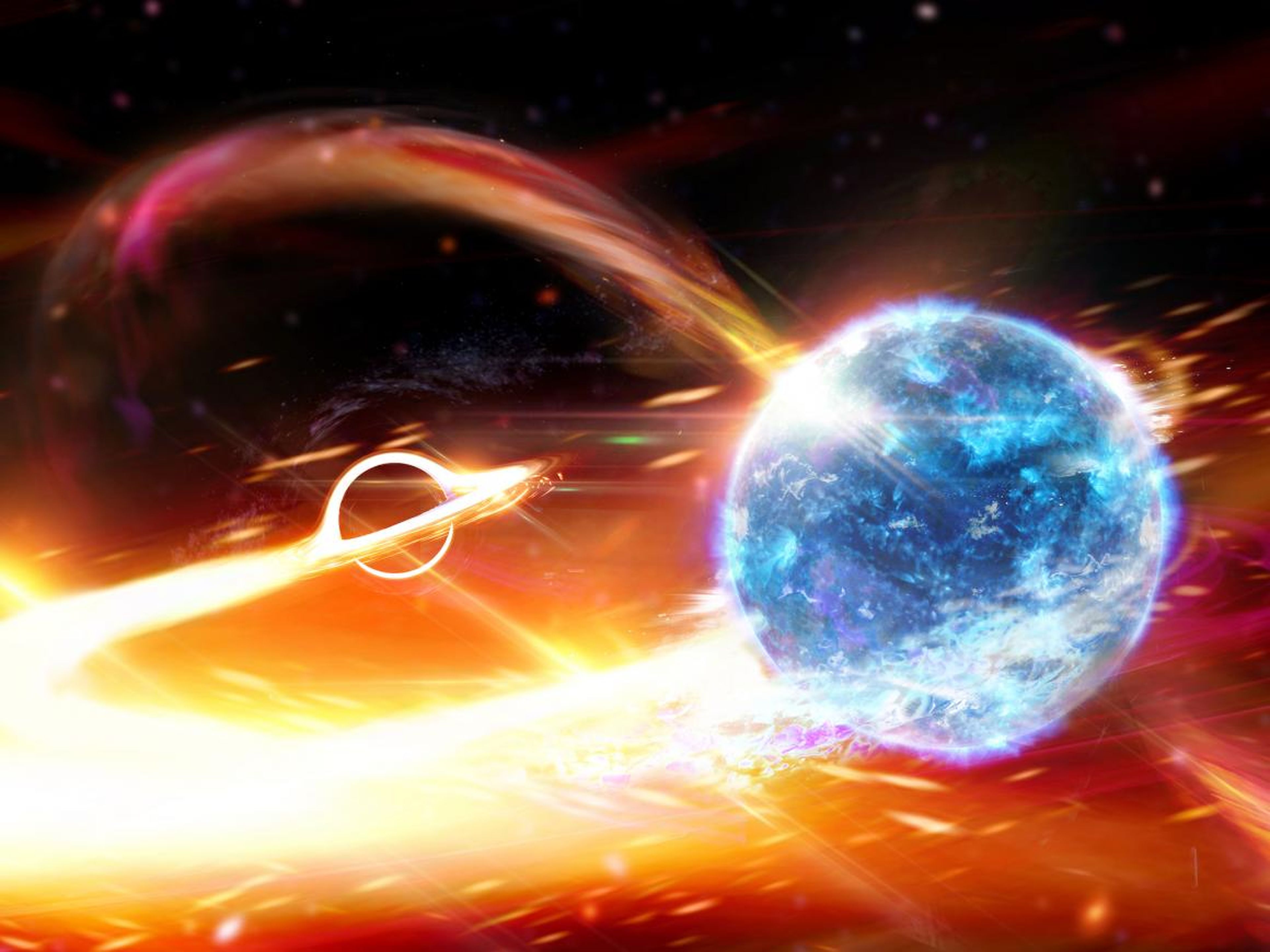 An artist's depiction of a black hole about to swallow a neutron star.