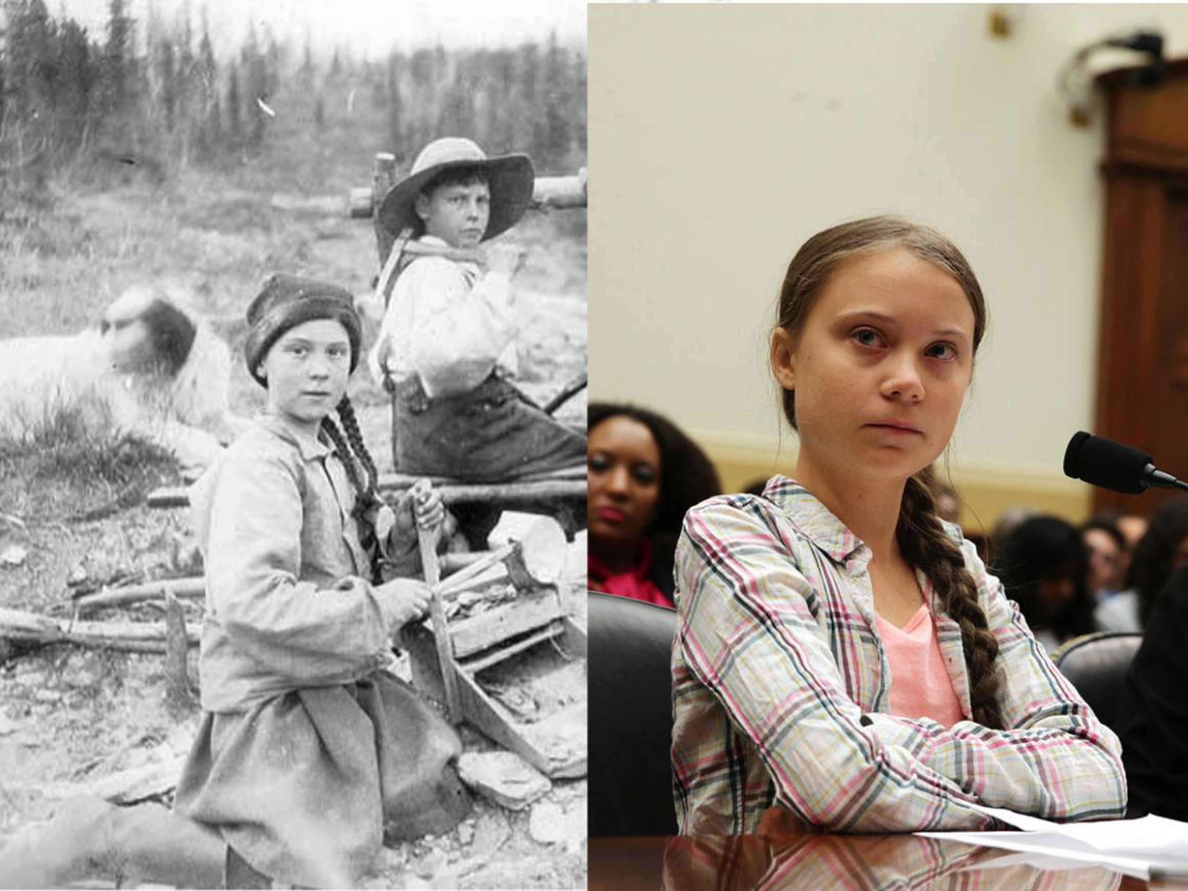 La activista climática sueca de 16 años Greta Thunberg y una foto de 1898 de una chica que se parece a ella.