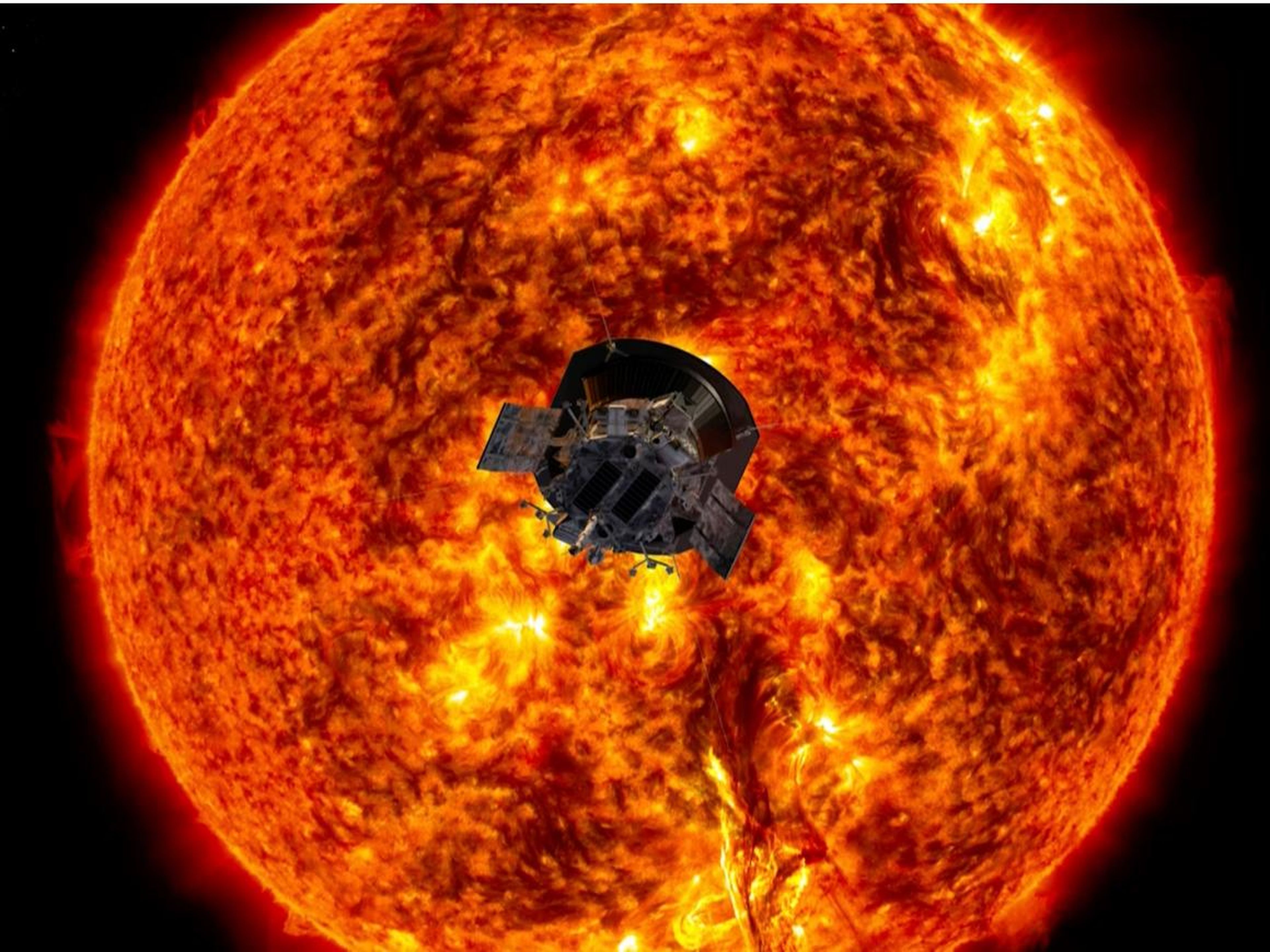 An artist's illustration of the Parker Solar Probe approaching the sun.
