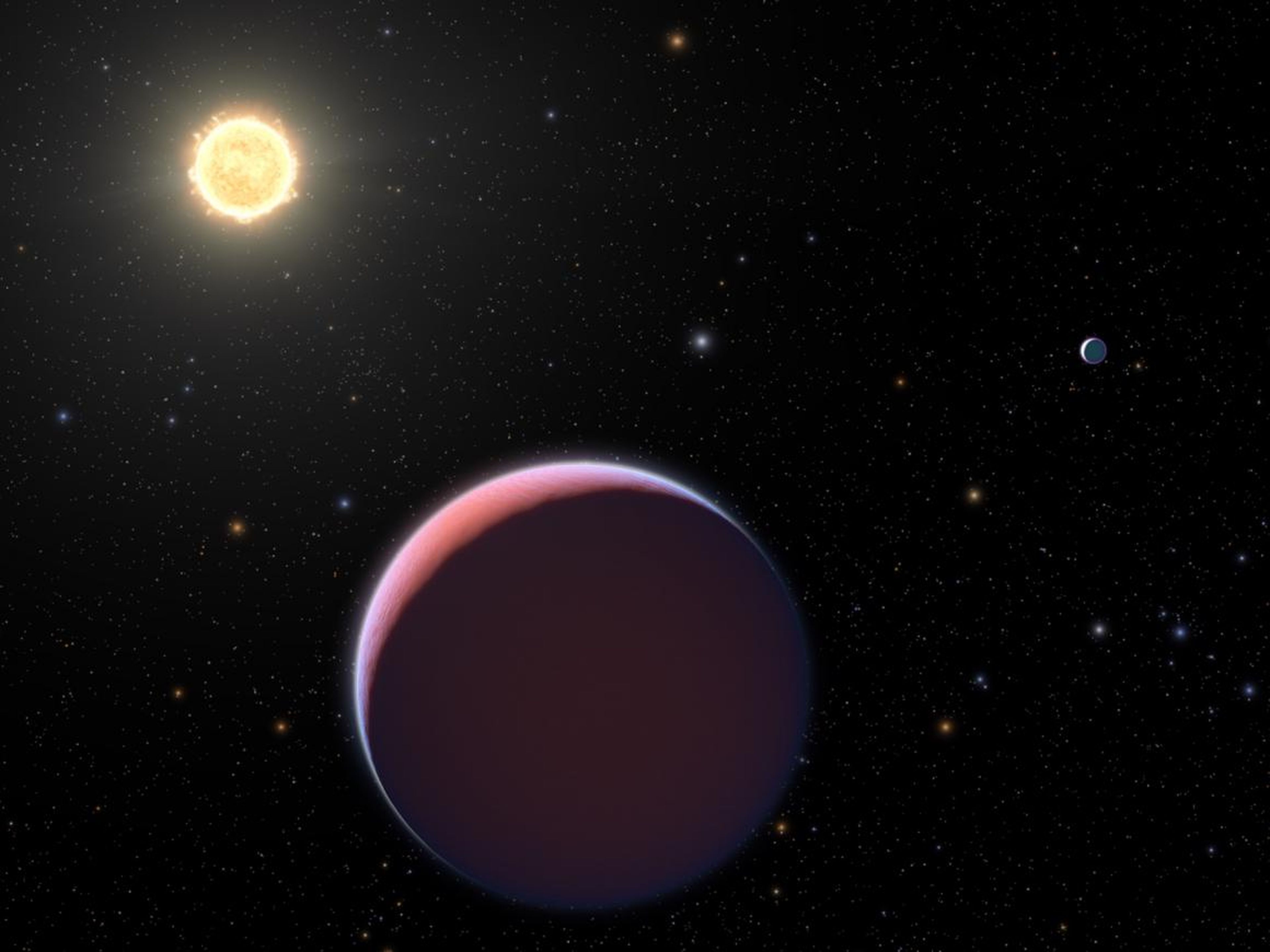 An artist's illustration of the sun-like star Kepler 51 and two of its three giant super-puff planets that NASA's Kepler space telescope discovered in 2012.