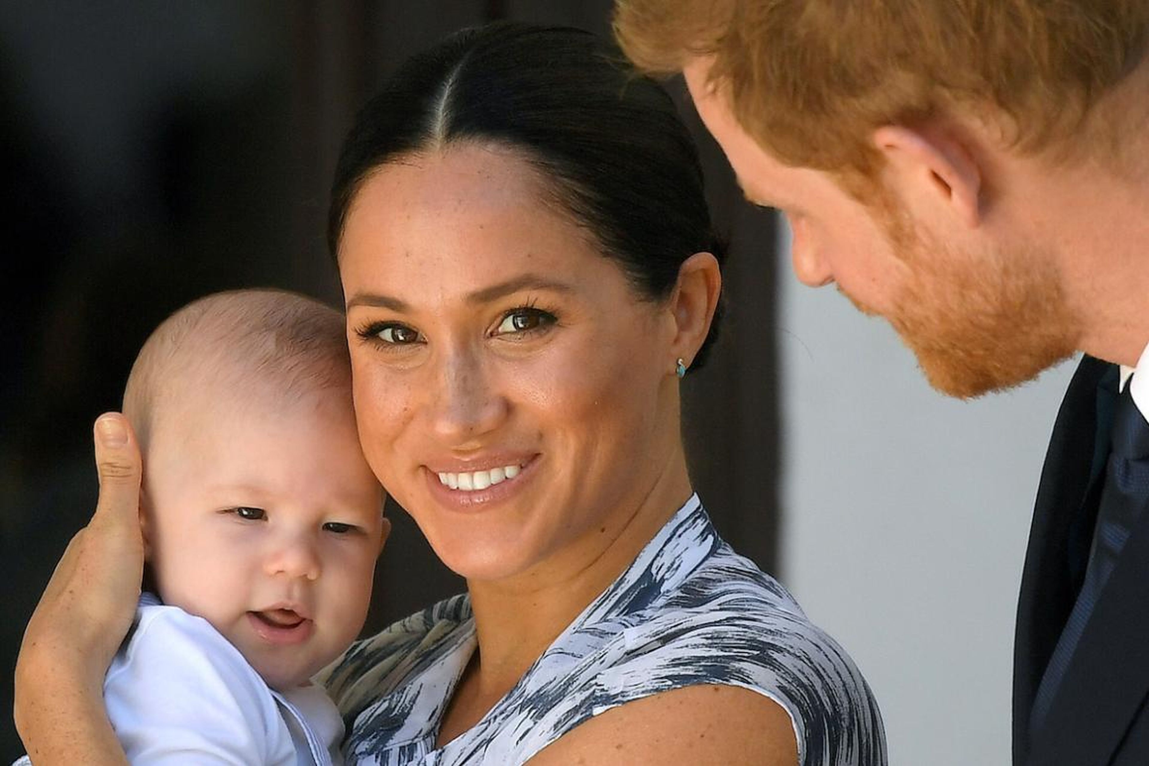 Britain's Prince Harry and his wife Meghan, Duchess of Sussex, holding their son Archie, meet Archbishop Desmond Tutu (not pictured) at the Desmond & Leah Tutu Legacy Foundation in Cape Town, South Africa, in September.