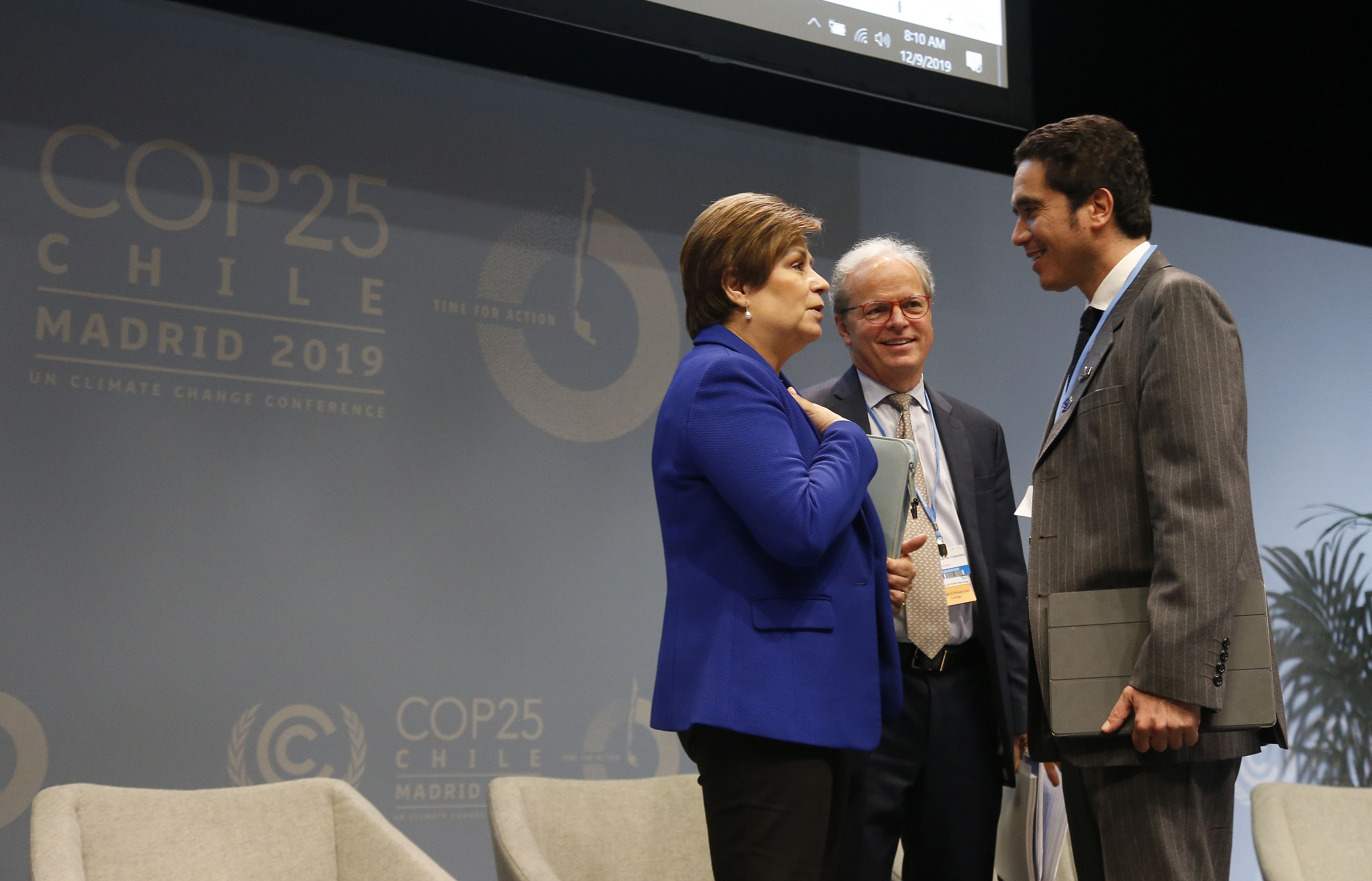 Patricia Espinosa, secretaria ejectuvida de UNFCCC, con Ignacio Briones, ministro de Finanzas de Chile y Mika Lintilä, ministro de Finanzas de Finlandia.