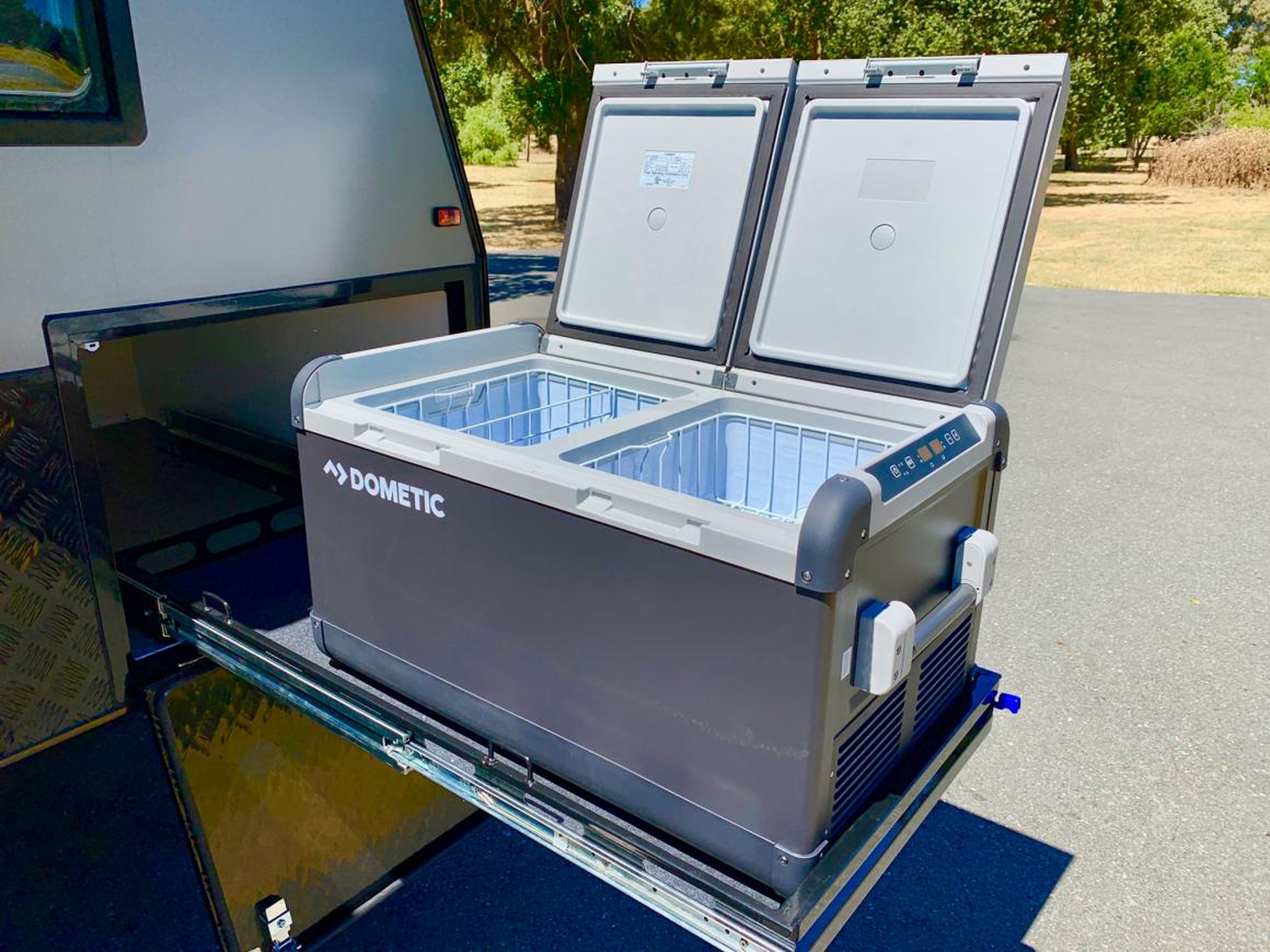 The electric cooler serves as both a fridge and a freezer.