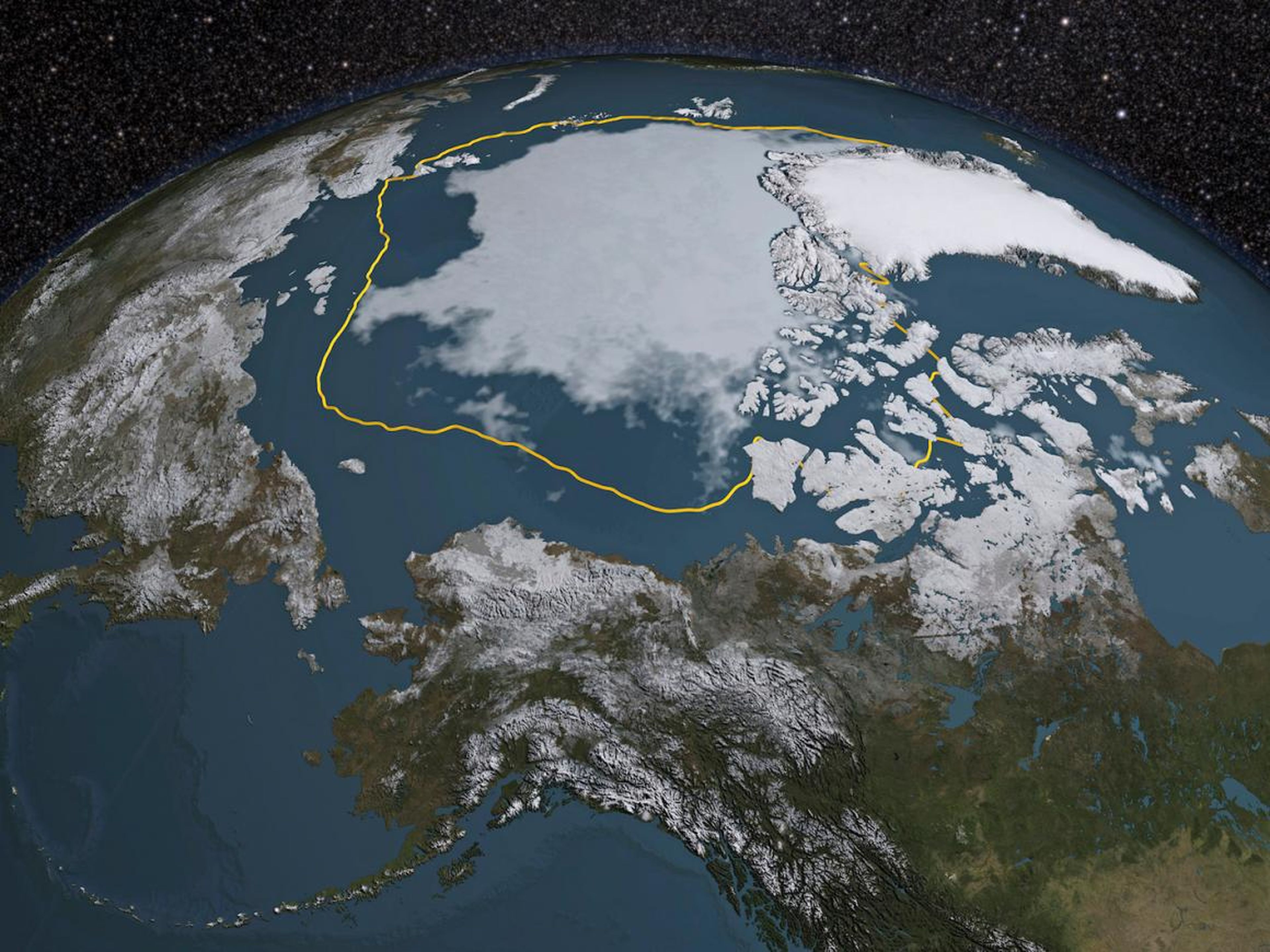El mínimo de verano del hielo marino del Ártico en 2015 fue de 1.810.401,69 km cuadrados por debajo del promedio de 1981-2010, que se muestra como una línea de oro en esta representación de un análisis de la NASA.