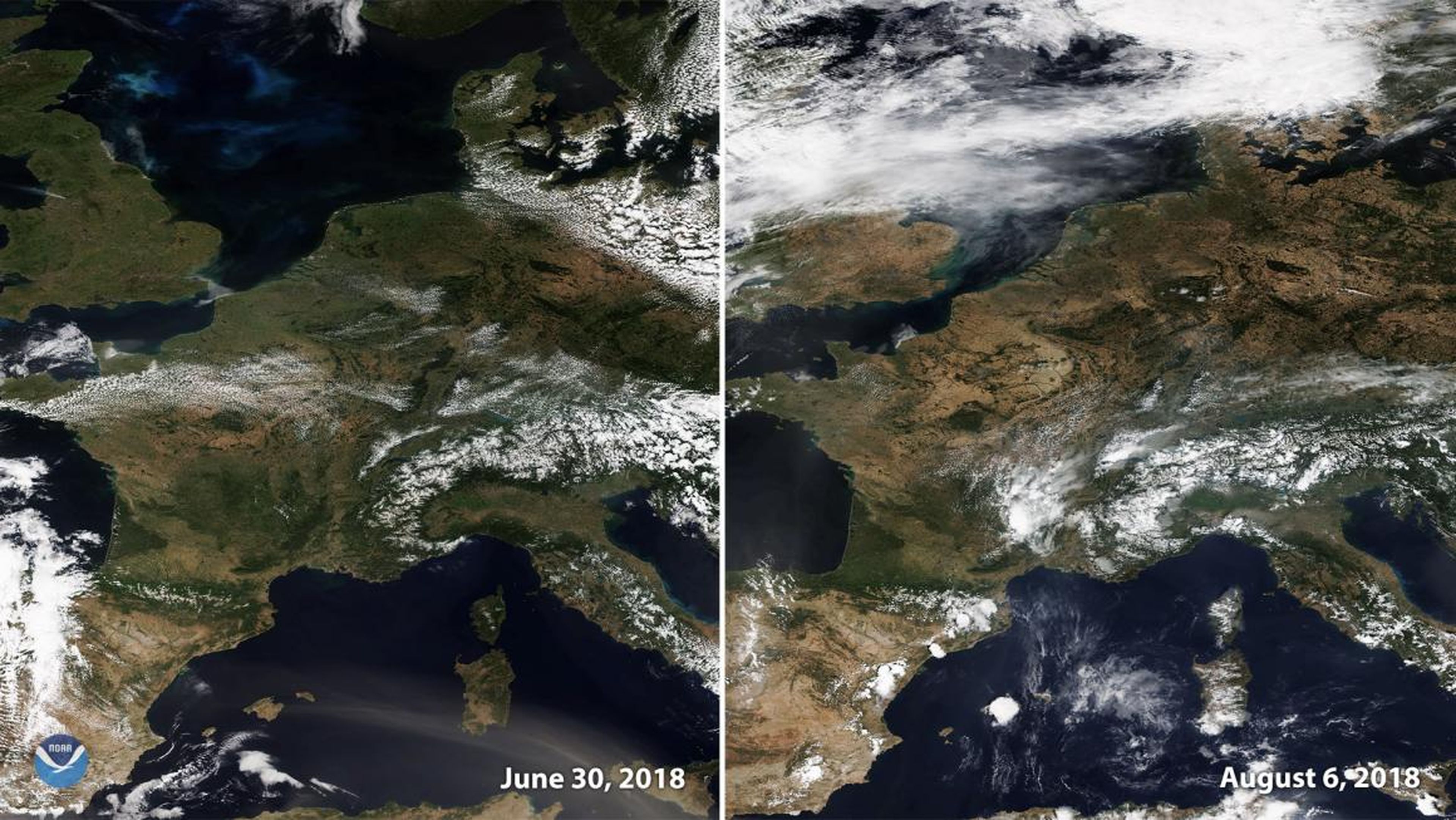 Dos imágenes capturadas por un satélite NOAA el 30 de junio y el 6 de agosto de 2018 muestran el dorado de Europa occidental después de varias semanas de clima cálido y seco.