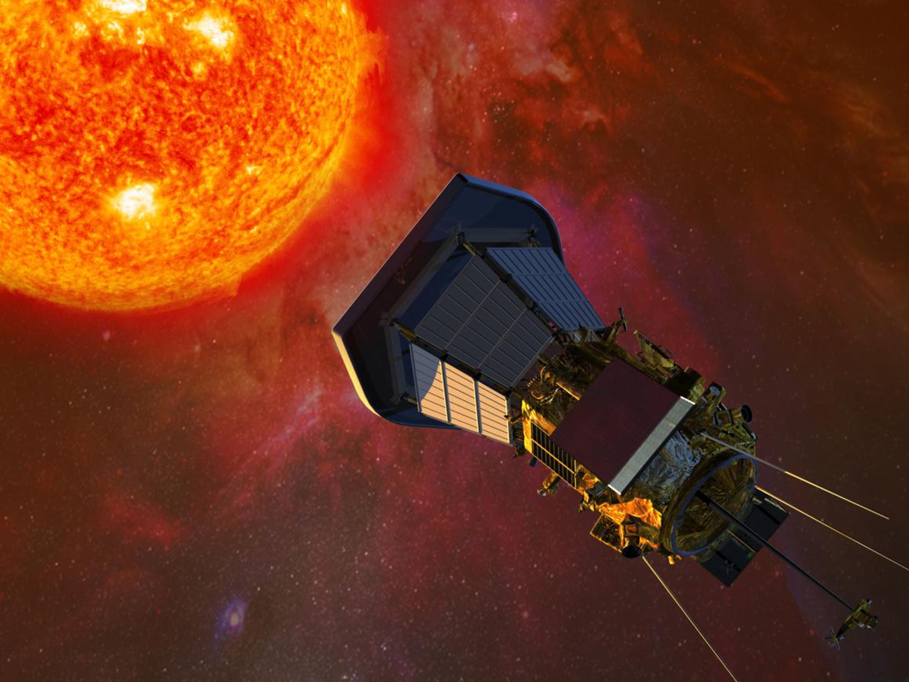 Ilustración de la sonda Parker de la NASA mientras vuela hacia el Sol.