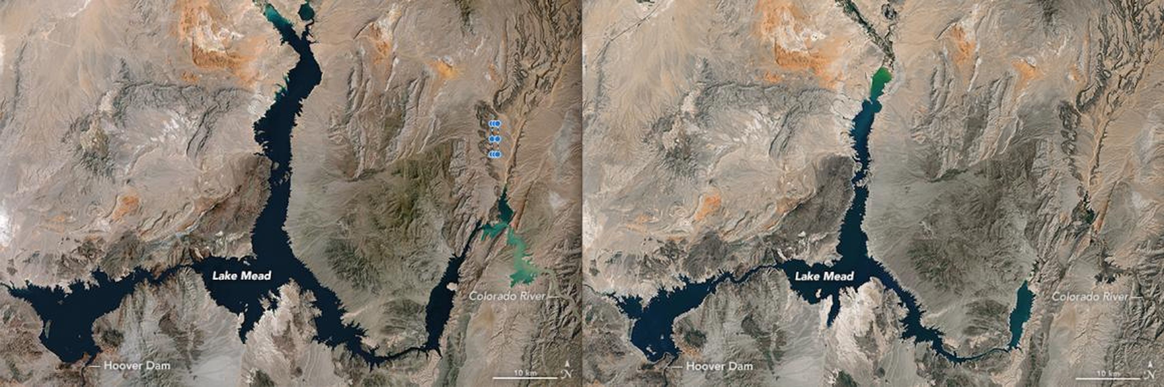 Las imágenes de satélite de la NASA de lado a lado muestran que el lago Mead se está reduciendo: la imagen izquierda se tomó el 16 de mayo de 1984 y la derecha el 25 de mayo de 2016.