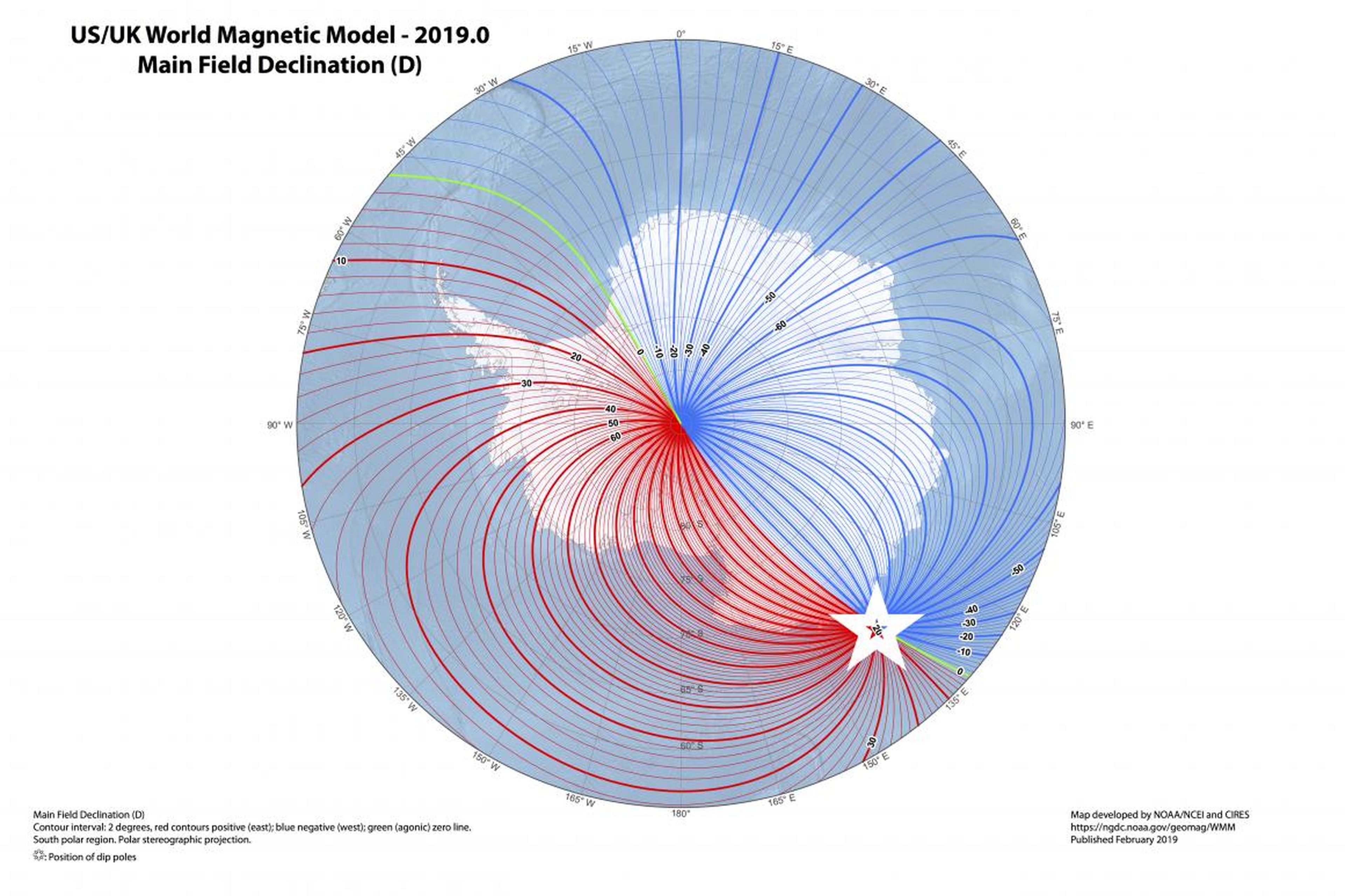 La última versión del Modelo Magnético Mundial: la estrella blanca indica la posición más actual del polo sur magnético.
