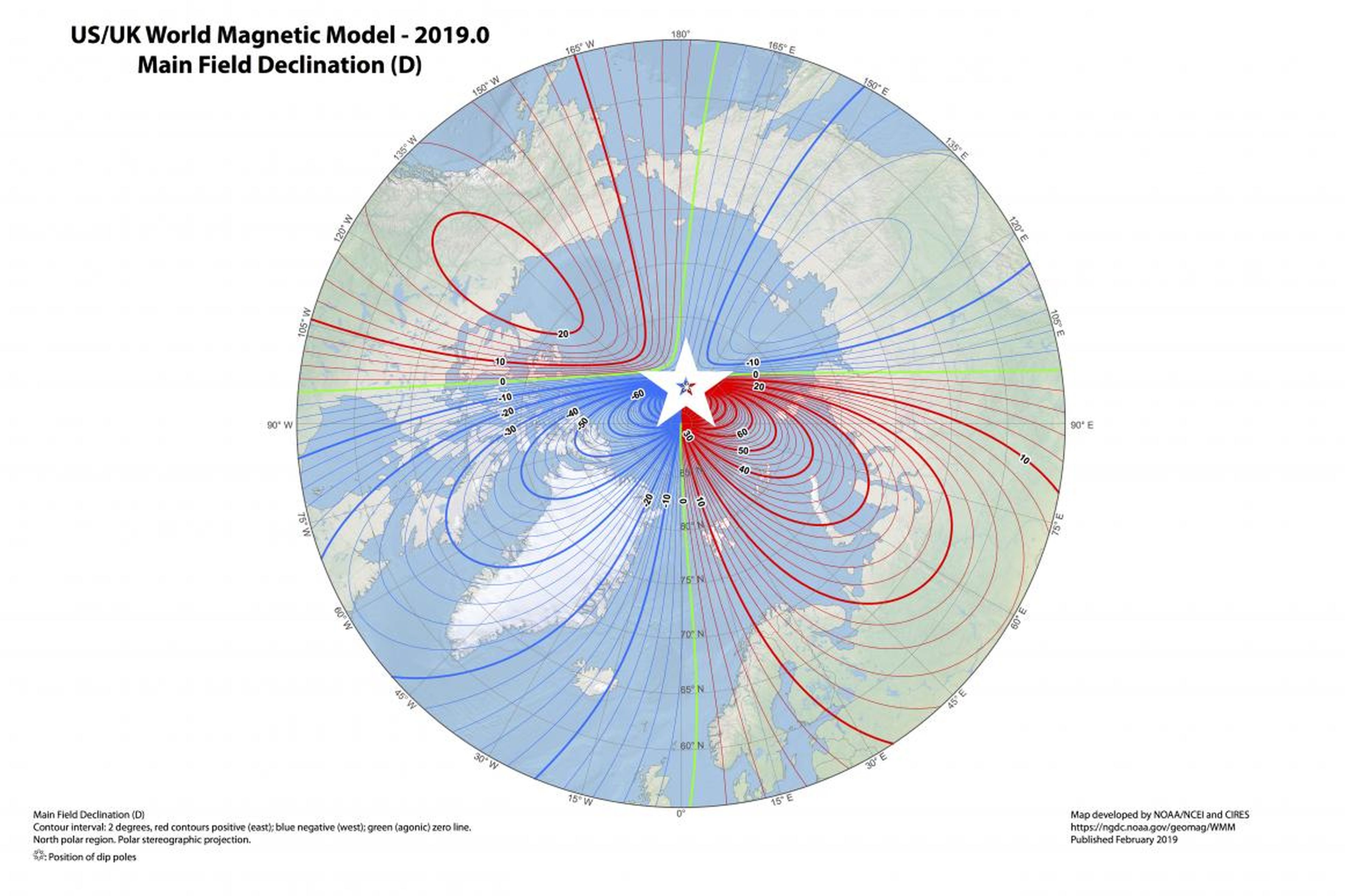 La última versión del Modelo Magnético Mundial: la estrella blanca indica la posición actual del polo norte magnético.