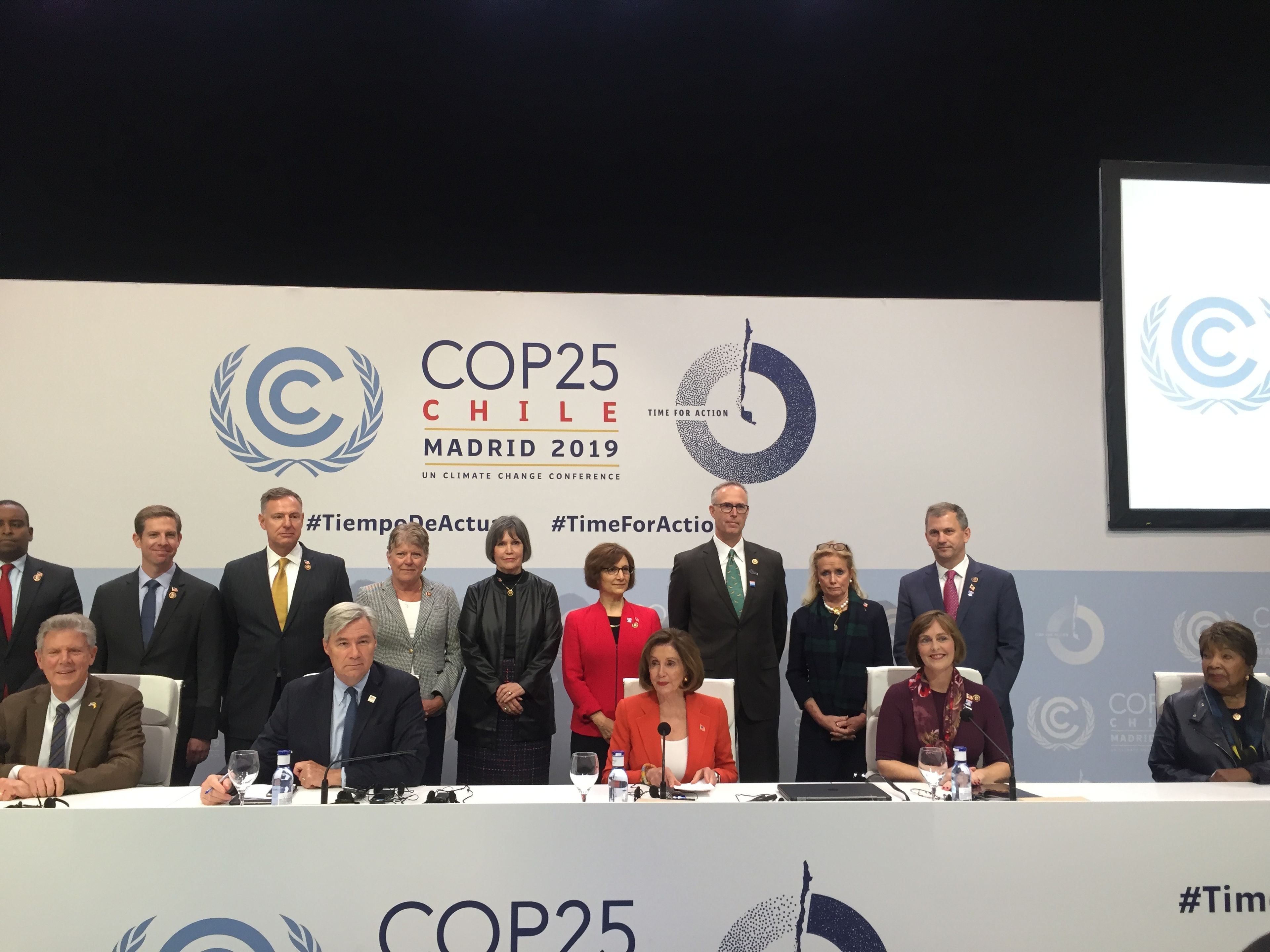 La presidenta de la Cámara de Representantes de Estados Unidos, Nancy Pelosi, durante la rueda de prensa de la COP25