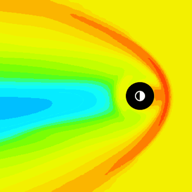 Esta simulación muestra partículas solares cargadas comprimiendo la magnetosfera de la Tierra después de una eyección de masa coronal el 22 de enero de 2005.