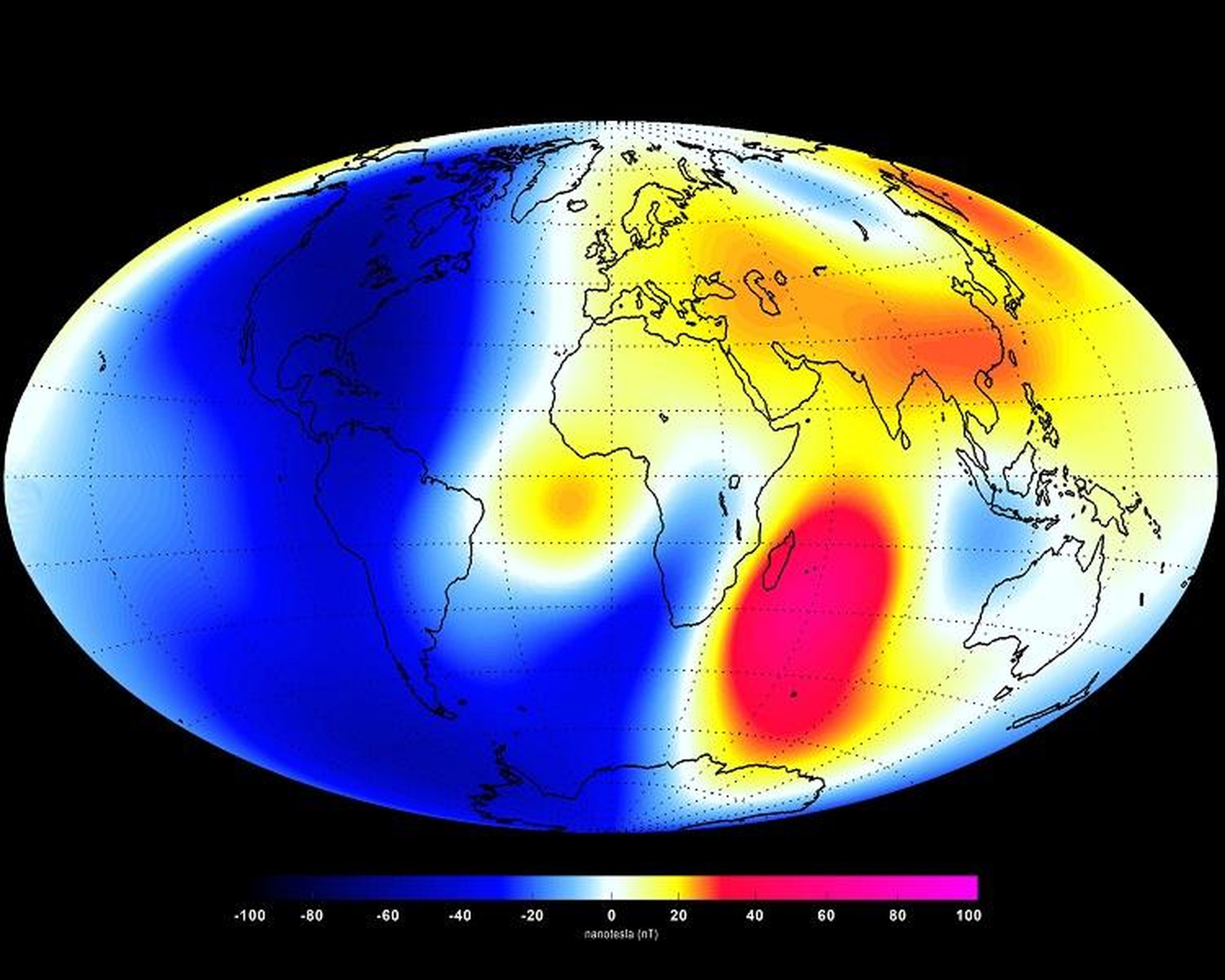 Una foto del campo magnético de la Tierra. Los tonos rojos muestran las áreas donde el campo es más fuerte, y los tonos azules muestran las áreas que son más débiles.