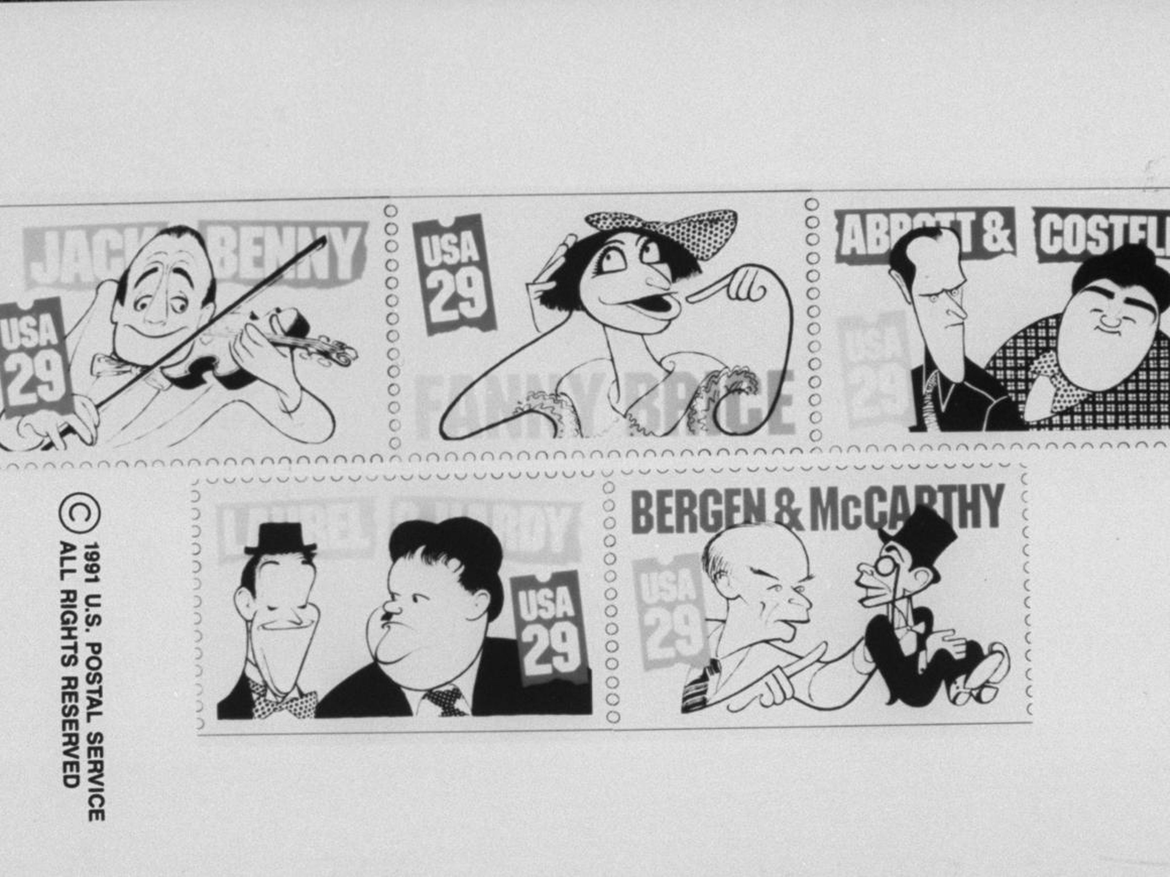 Sellos de caricatura del caricaturista Al Hirschfeld de Laurel & Hardy, Jack Benny, Fanny Brice, Abbott & Costello & Bergen & McCarthy.