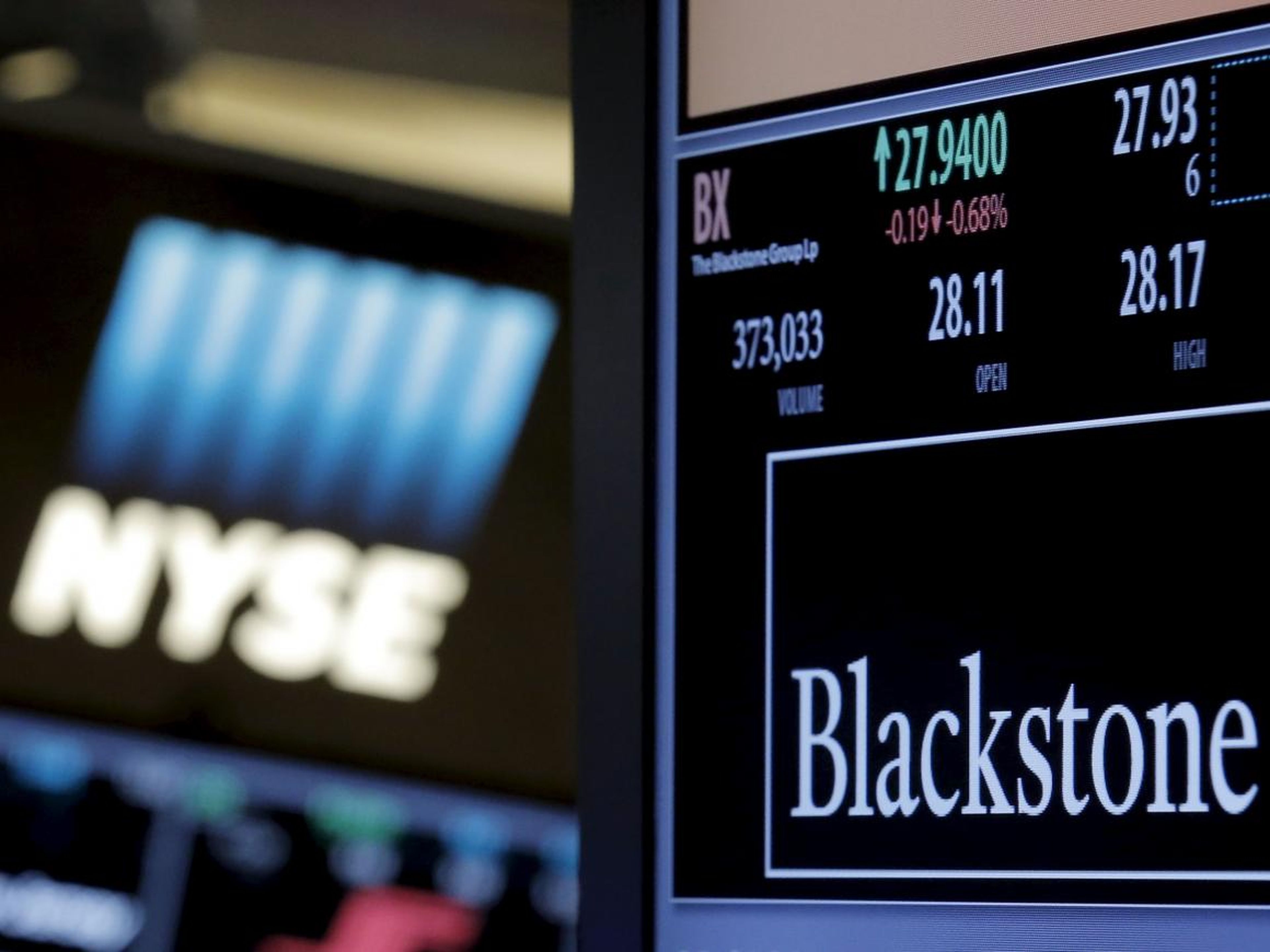 The ticker and trading information for Blackstone Group is displayed at the post where it is traded on the floor of the New York Stock Exchange.