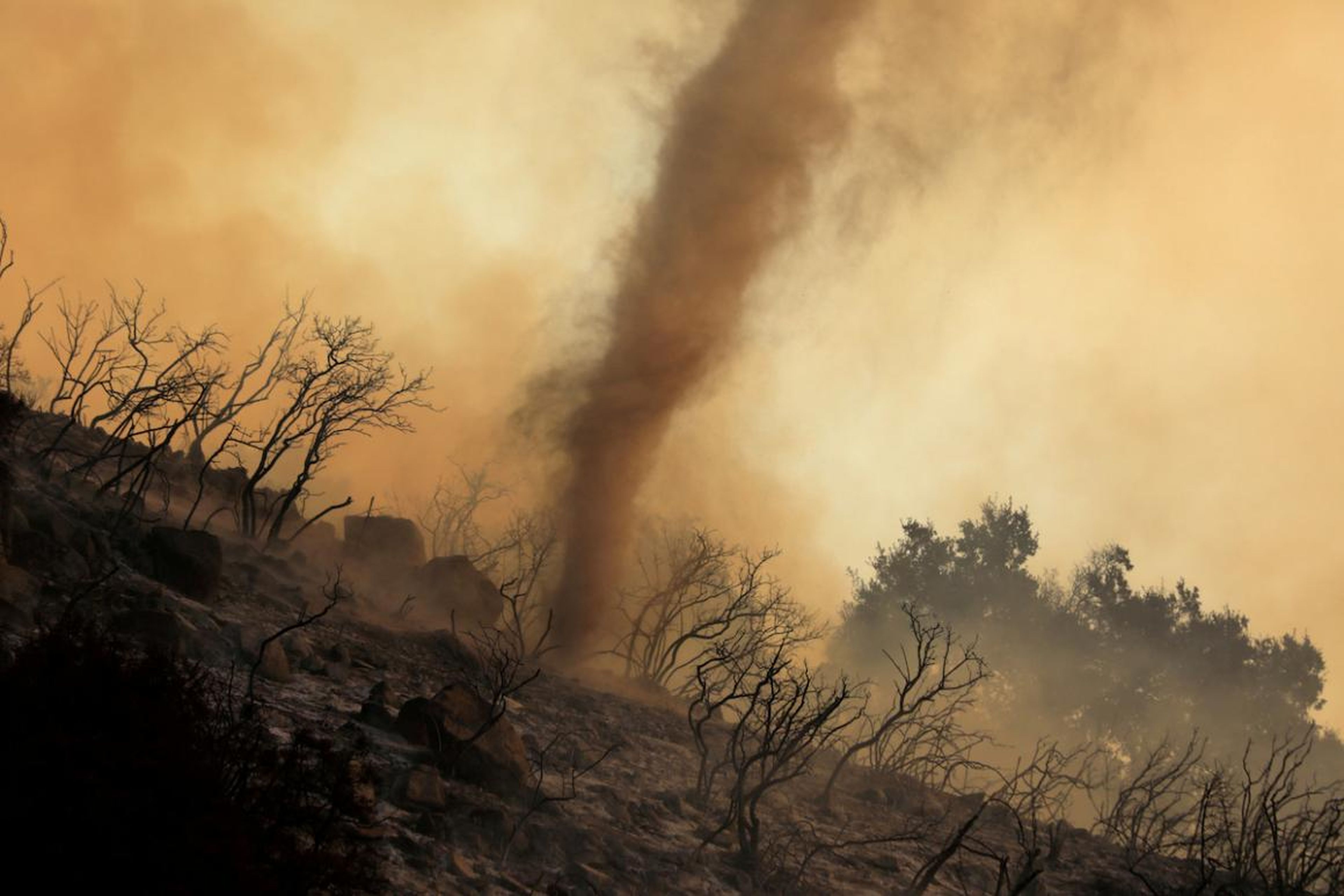 Un torbellino de cenizas y brasas calientes se mueve a través de un incendio forestal, llamado el Fuego de la Cueva, que arde en las colinas de Santa Bárbara, California, el 26 de noviembre.