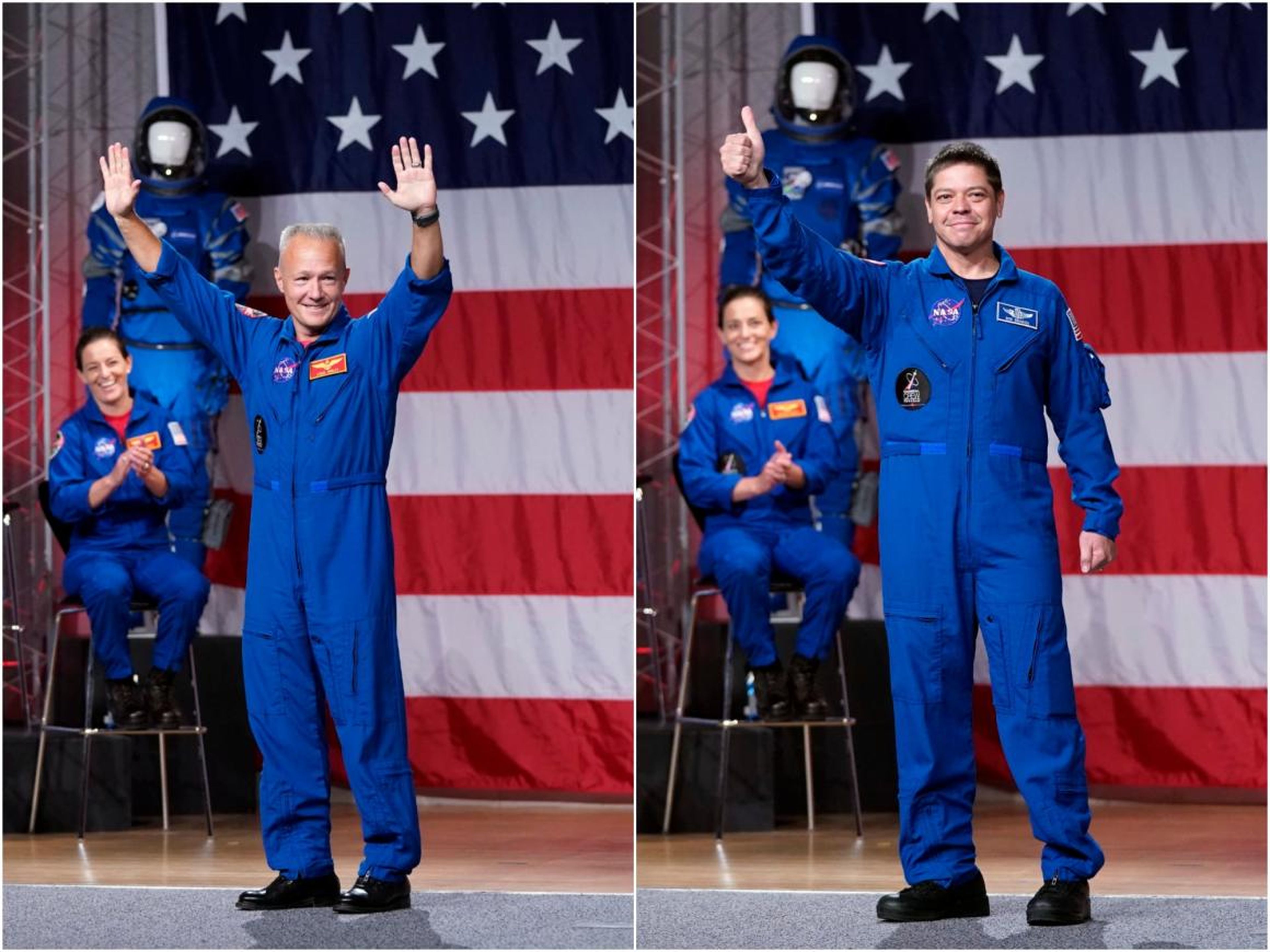 Los astronautas Doug Hurley (izquierda) y Robert "Bob" Behnken (derecha) después de ser seleccionados para la misión de SpaceX.