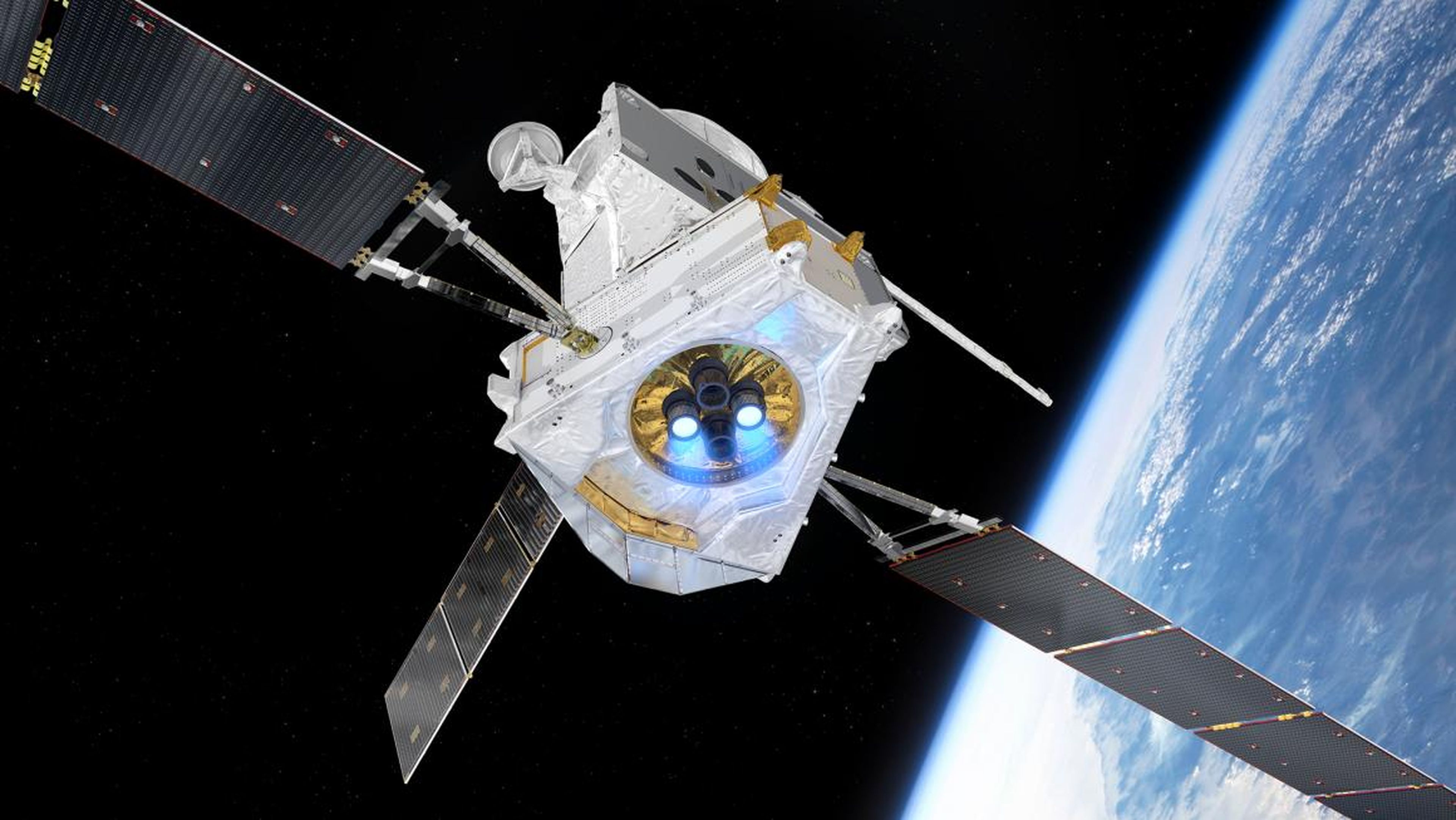 Una impresión artística de la nave espacial BepiColombo volando sobre la Tierra.