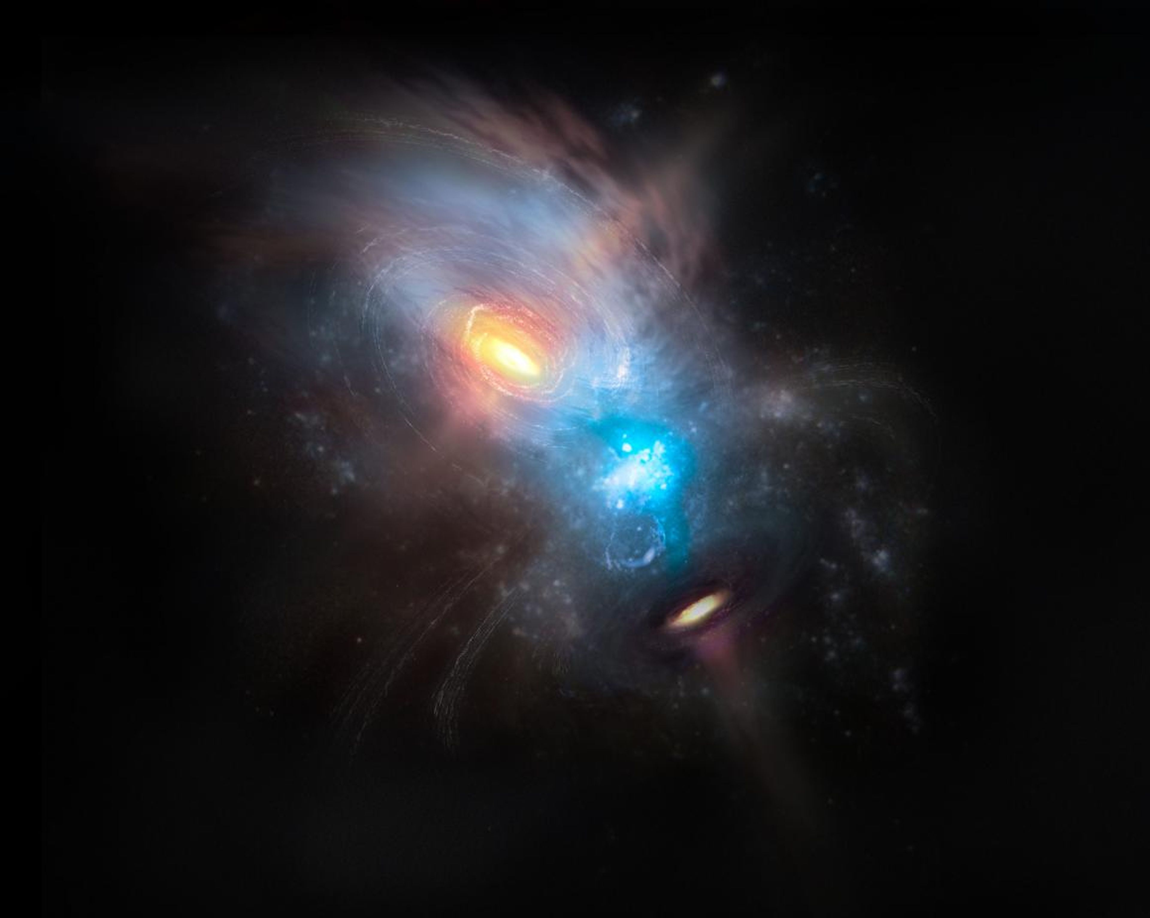 Una interpretación artística de la galaxia NGC 6240 fusionándose.