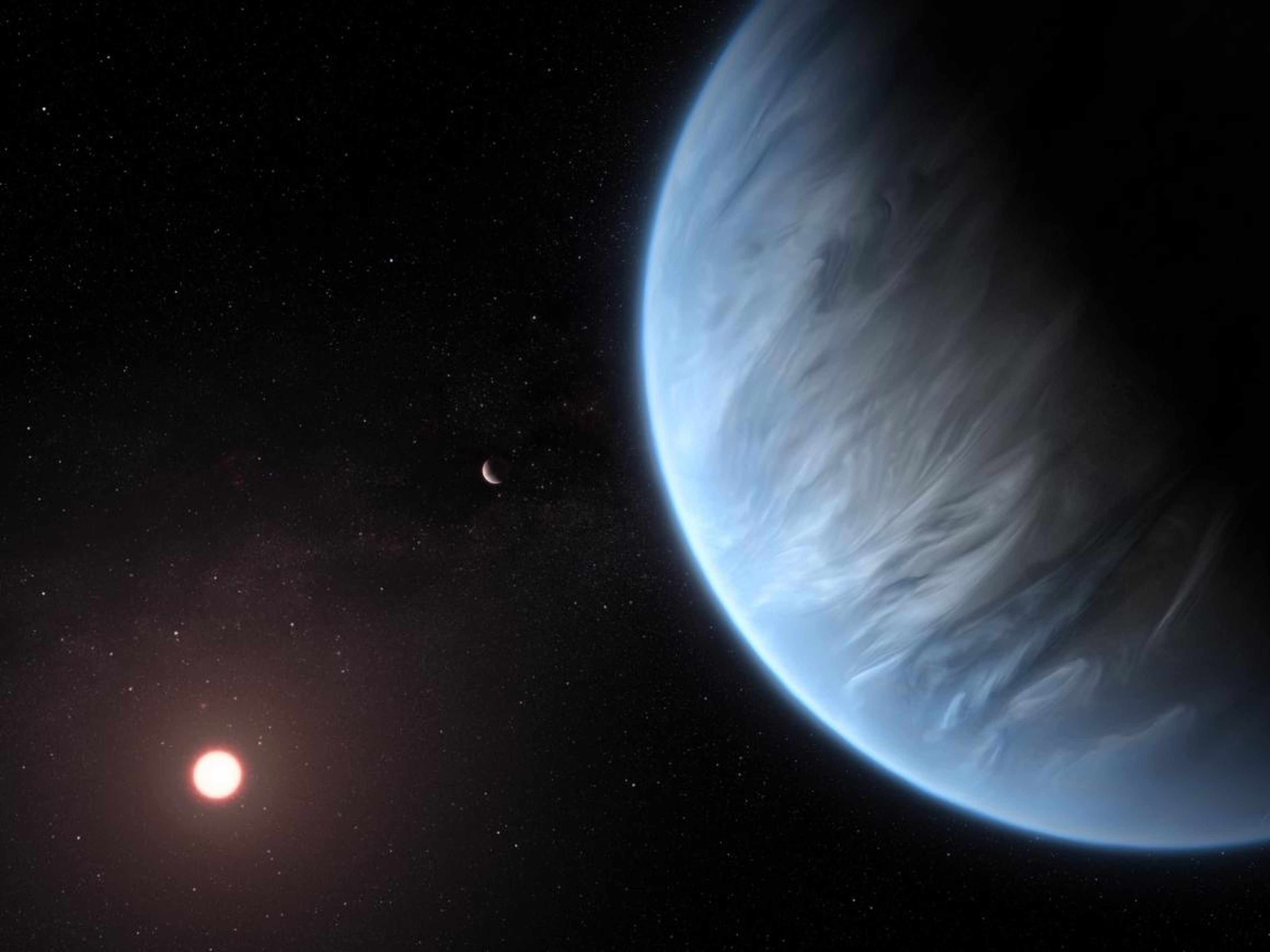 Ilustración del planeta K2-18b junto a su estrella anfitriona y otro planeta del sistema.
