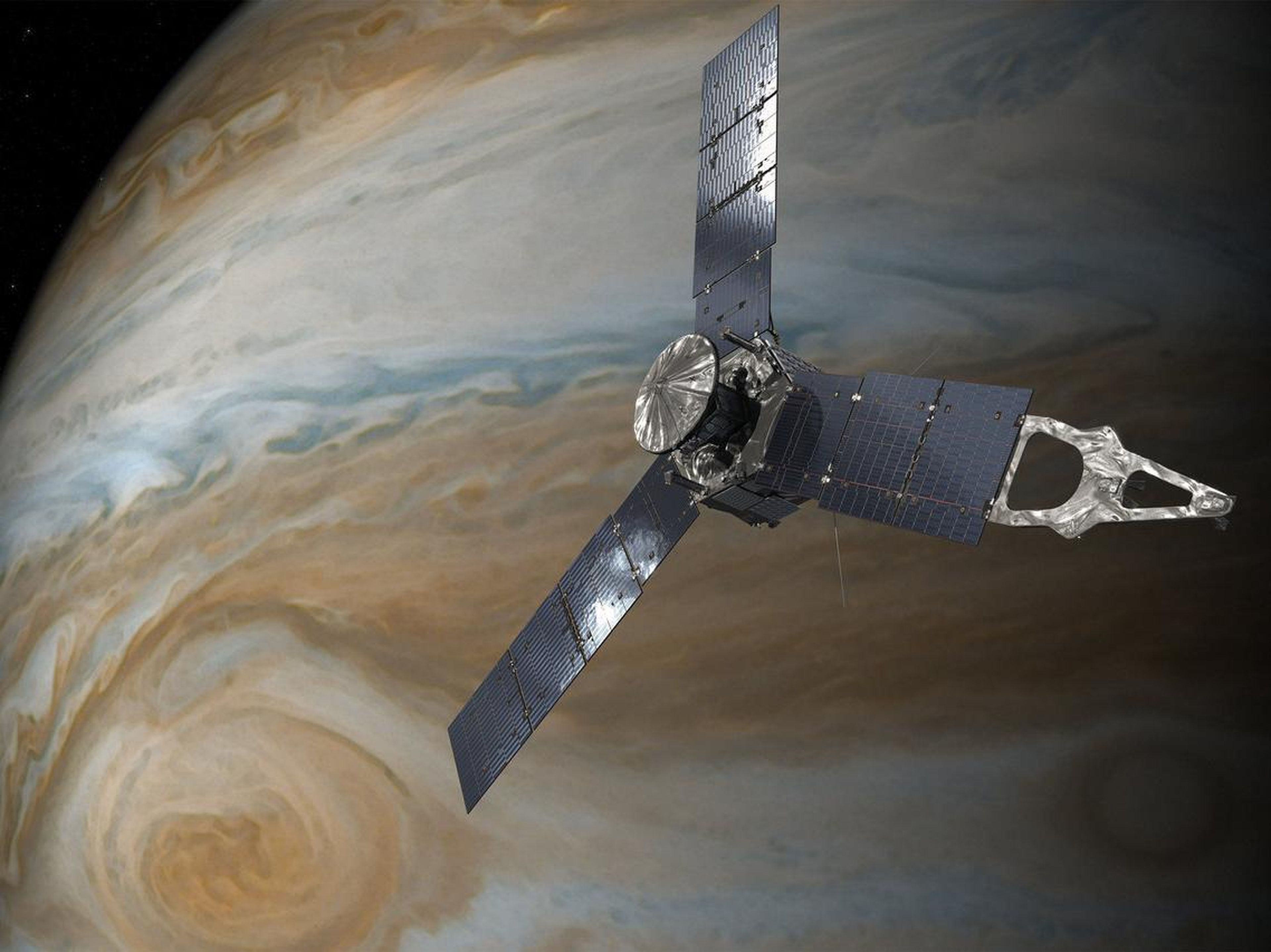 Una ilustración de la sonda Juno de la NASA en Júpiter.