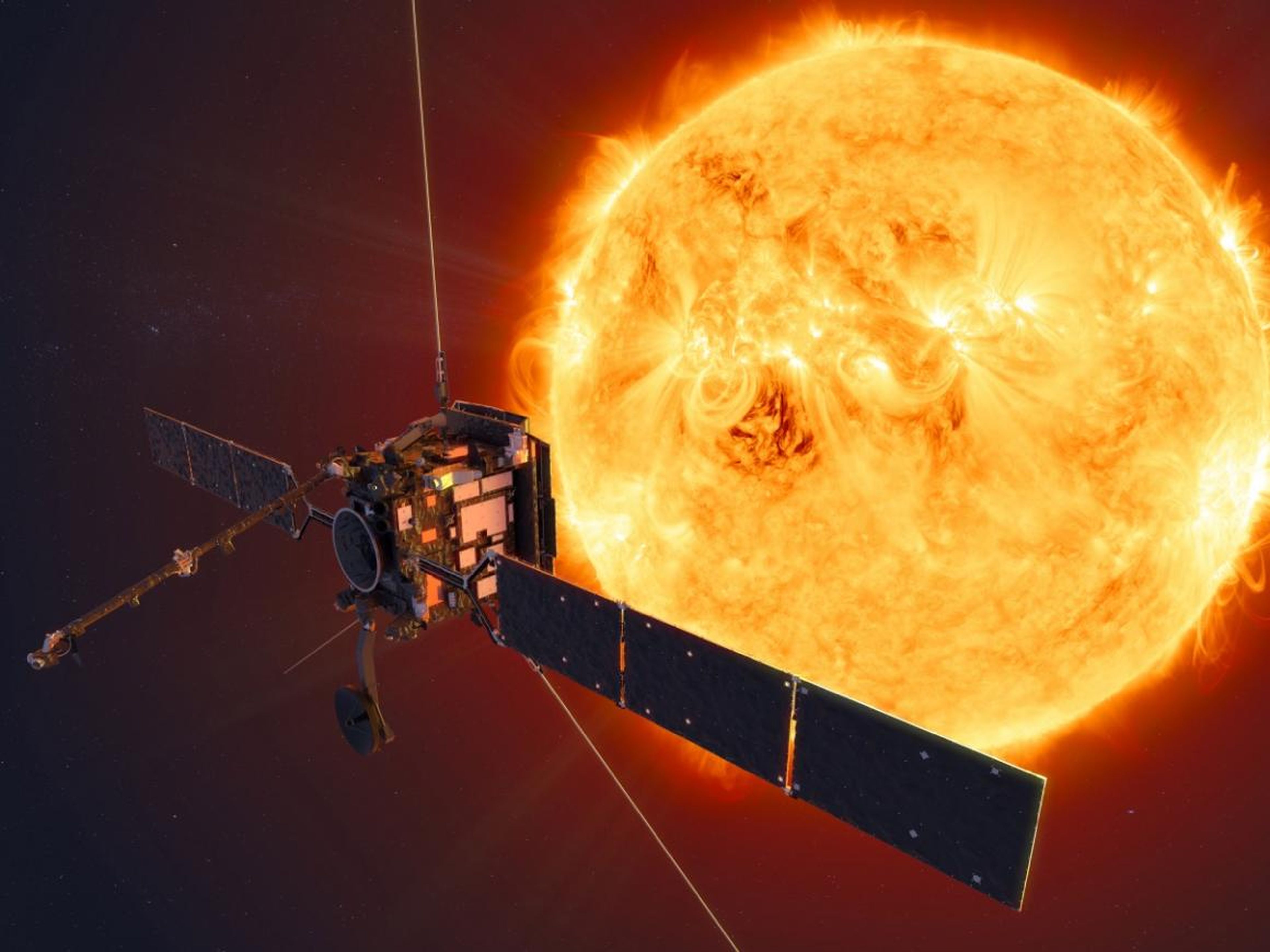 Ilustración artística del Orbitador Solar de la NASA-ESA acercándose al sol.
