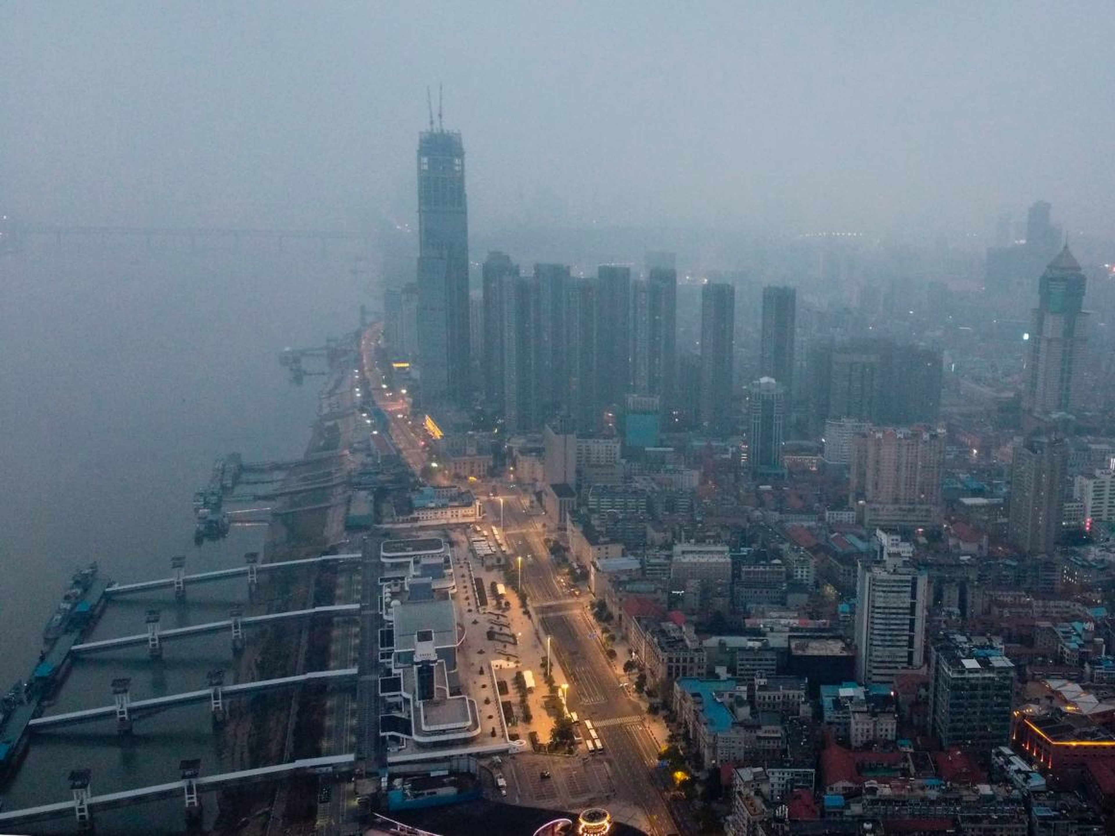 An aerial view shows residential and commercial buildings of Wuhan in China's central Hubei province on January 27, 2020, amid a deadly virus outbreak which began in the city.