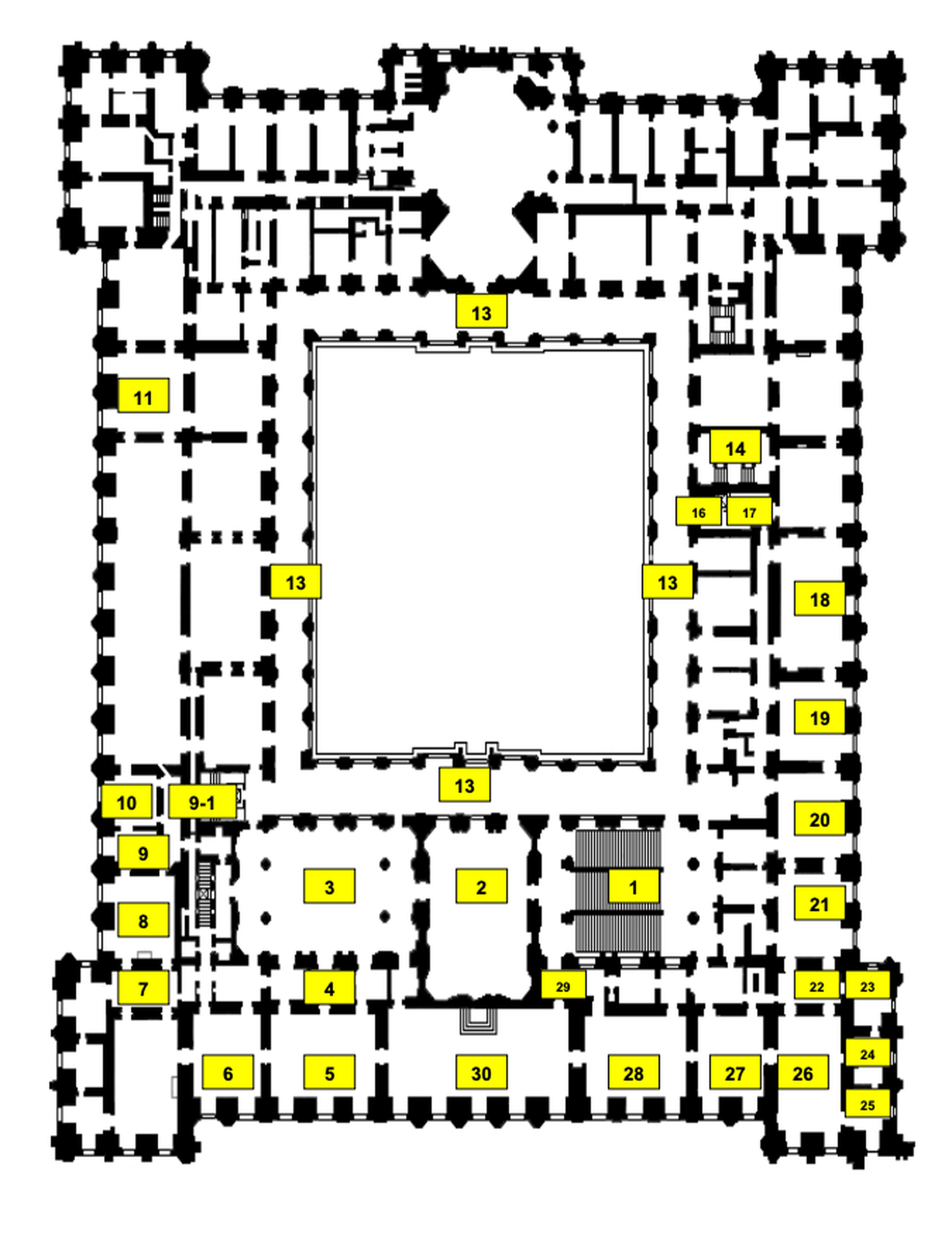Habitaciones con alfombras sobre plano del Palacio Real de Madrid.