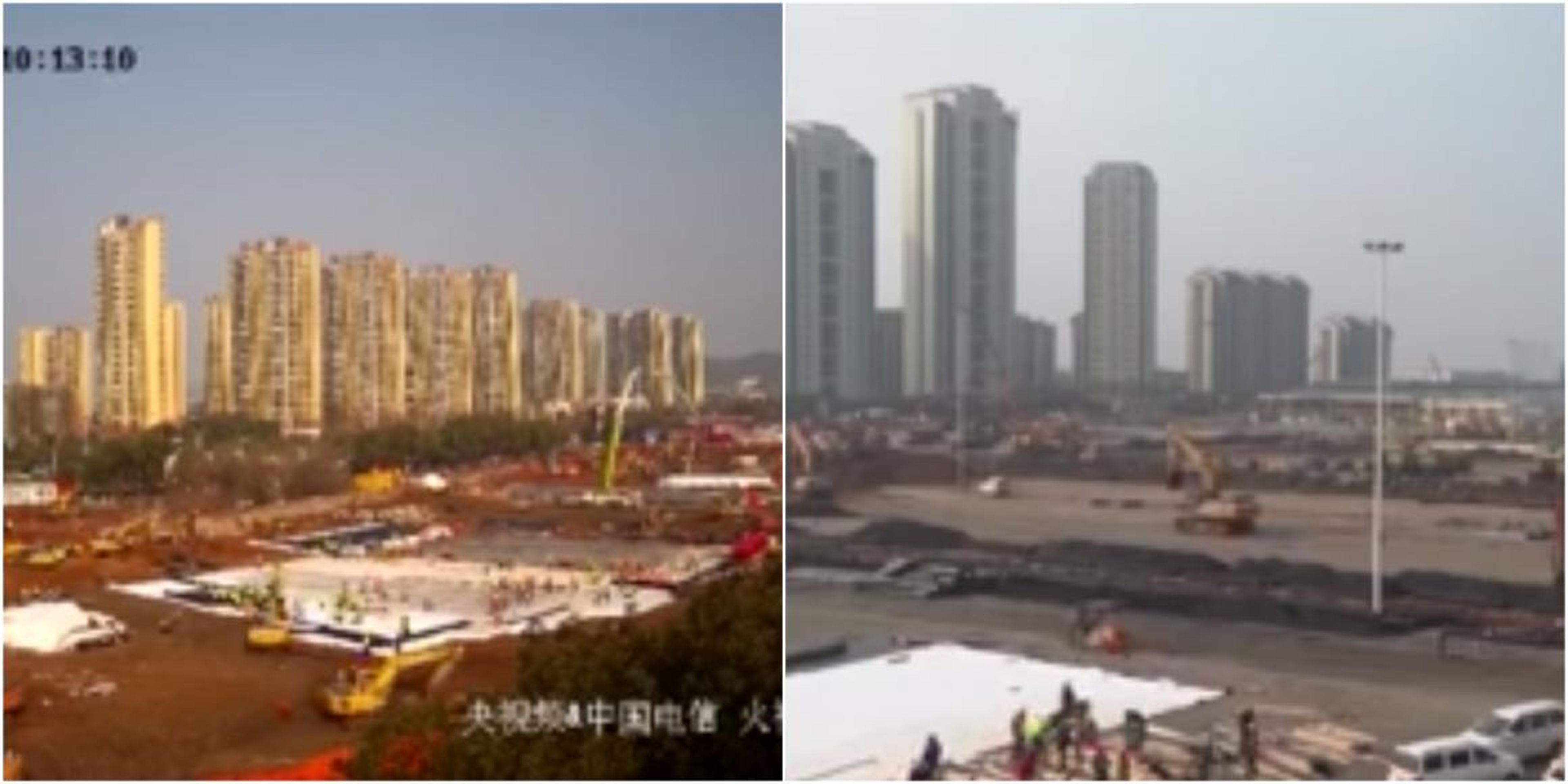 Las imágenes muestran los trabajos de construcción de los dos nuevos hospitales de la ciudad de Wuhan.