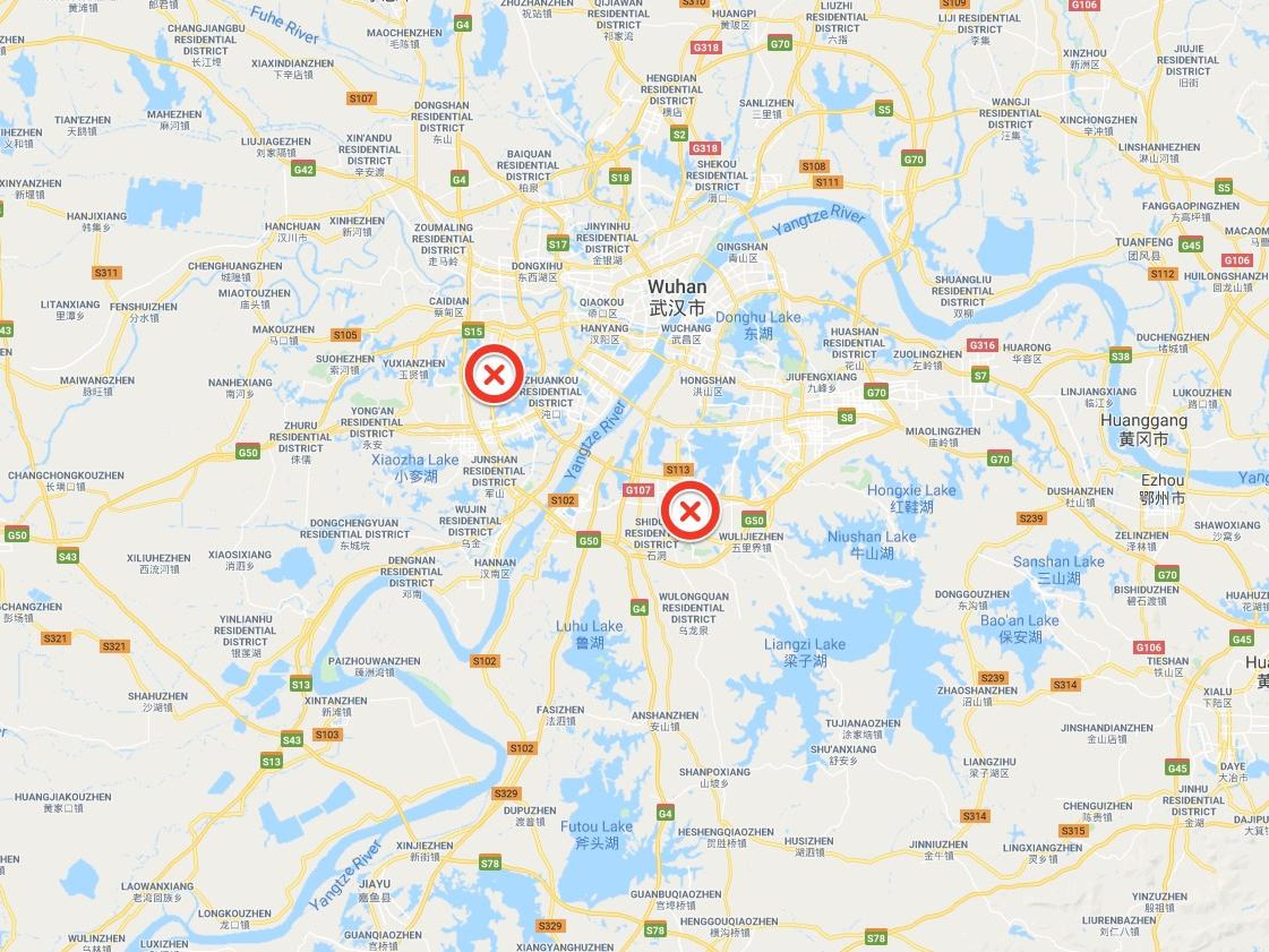 Un mapa muestra la ubicación de los dos emplazamientos donde se están levantando los hospitales de Wuhan.